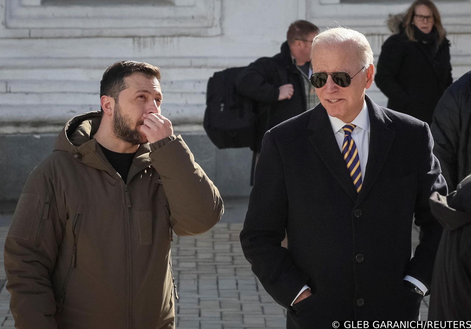 U.S. President Joe Biden and Ukraine's President Volodymyr Zelenskiy visit Saint Michael’s cathedral, amid Russia's attack on Ukraine, in Kyiv, Ukraine February 20, 2023. REUTERS/Gleb Garanich Photo: GLEB GARANICH/REUTERS