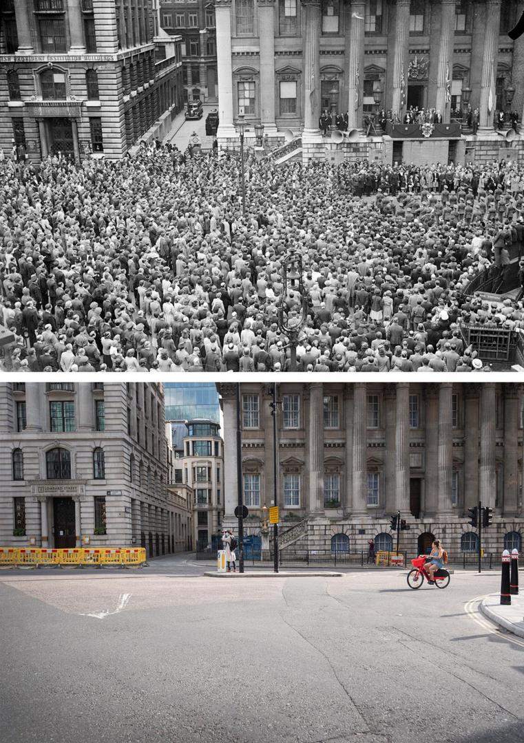 VE Day 75th Anniversary File photo dated 09/05/45 showing huge crowds at Mansion House, with the Lord Mayor of London on the balcony, celebrating VE (Victory in Europe) Day in London, marking the end of the Second World War in Europe, 75 years ago, and how it looked 2/5/2020. PA  Photo: PA Images/PIXSELL