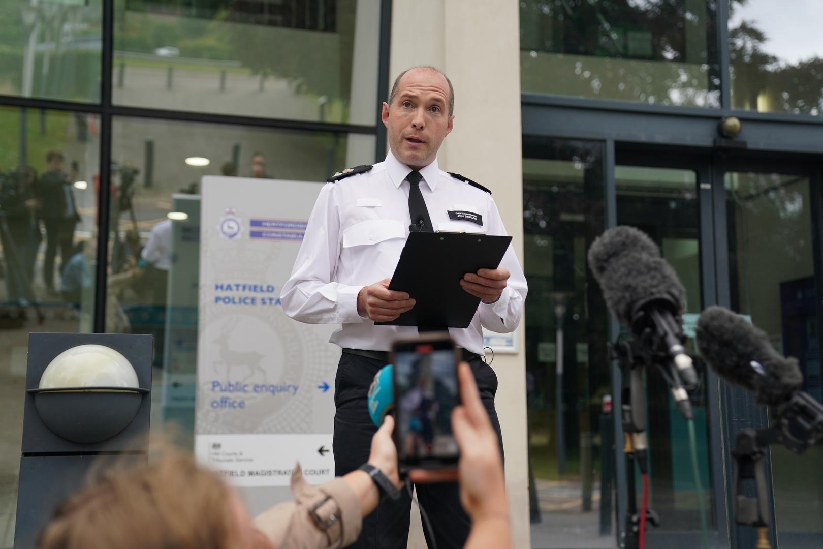 Chief Superintendent Jon Simpson of Hertfordshire Police speaks to media outside Hatfield Police Station in Hertfordshire, after three women, who police believe to be related, were found with serious injuries and died in Bushey on Tuesday evening. A manhunt has been launched for Kyle Clifford, 26, from Enfield, north London, who is wanted by detectives investigating the murders of the three women. Picture date: Wednesday July 10, 2024. Photo: Jacob King/PRESS ASSOCIATION