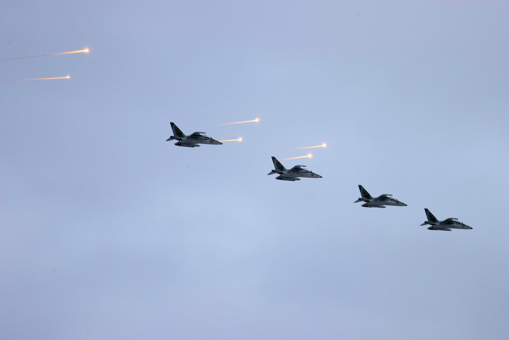 BREST REGION, BELARUS - FEBRUARY 3, 2022: Yakovlev Yak-130 aircraft of the Belarusian Air Force take part in an exercise to test response forces of the Union State of Russia and Belarus at Brestsky firing range. Combined arms, paratrooper, artillery and air force units have completed field firing. Gavriil Grigorov/TASS Photo via Newscom Photo: Gavriil Grigorov/NEWSCOM