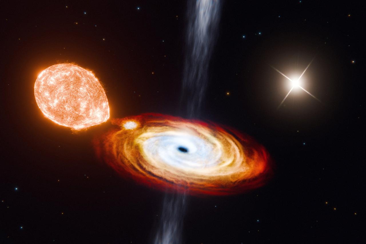 Artist's impression shows a triple star system called V404 Cygni with a black hole and two ordinary stars