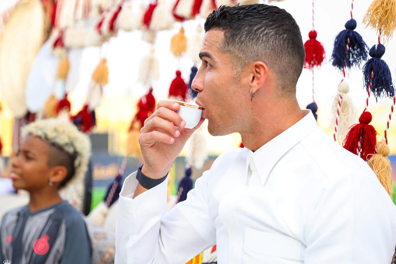 Al-Nassr's Cristiano Ronaldo celebrates Saudi Arabia's Founding Day wearing local traditional clothes at Al-Nassr Football Club in Riyadh, Saudi Arabia