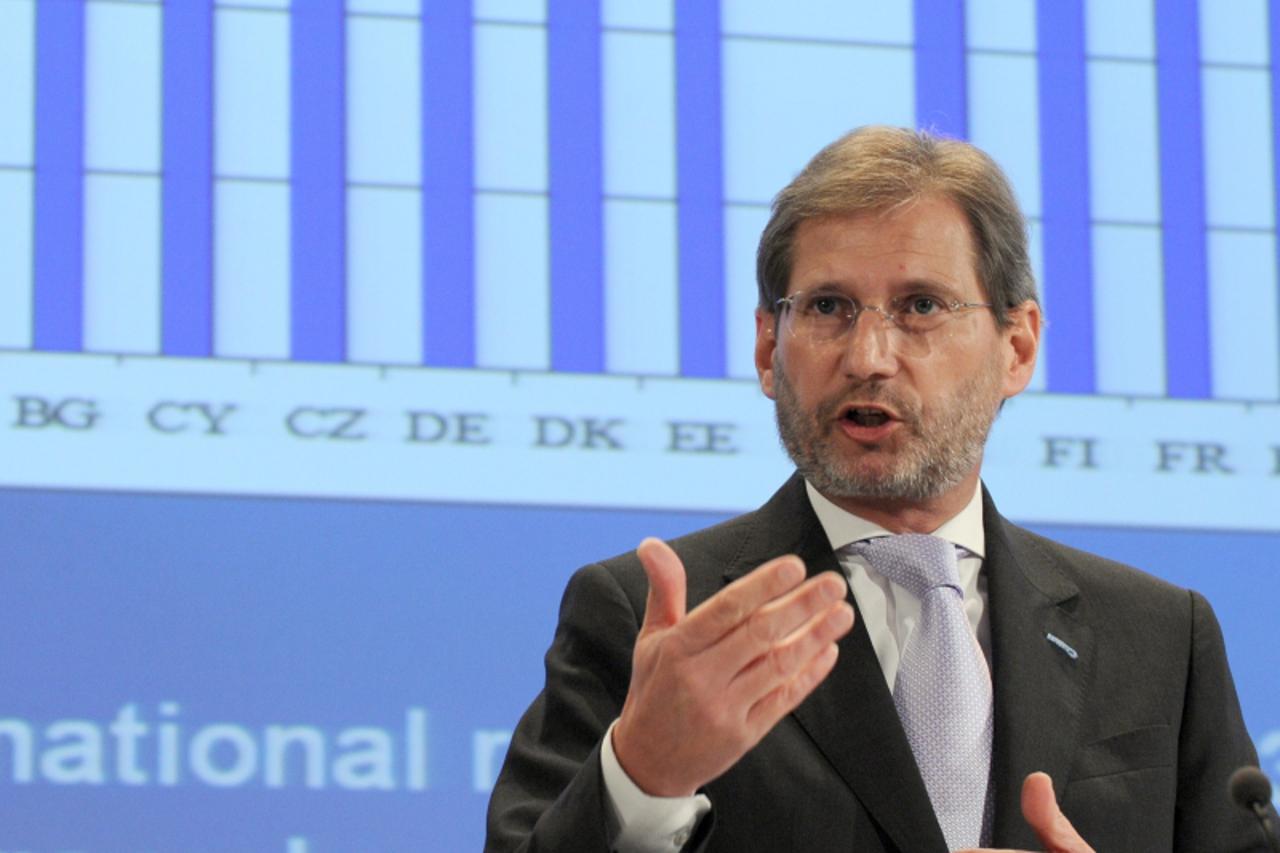 'EU commissioner for Regional Policy Austrian, Johannes Hahn and EU commissioner for Employment, Social Affairs and Inclusion Hungarian, Laszlo Andor (unseen) give a joint Press conference on the EU C