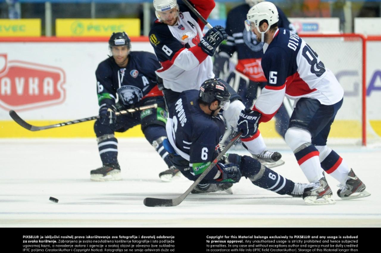 '13.09.2013., Dom sportova, Zagreb - 4. kolo KHL-a, kontinentalne hokejaske klige, KHL Medvescak - Slovan. Mark Popovic, Michal Serserr.  Photo: Daniel Kasap/PIXSELL'