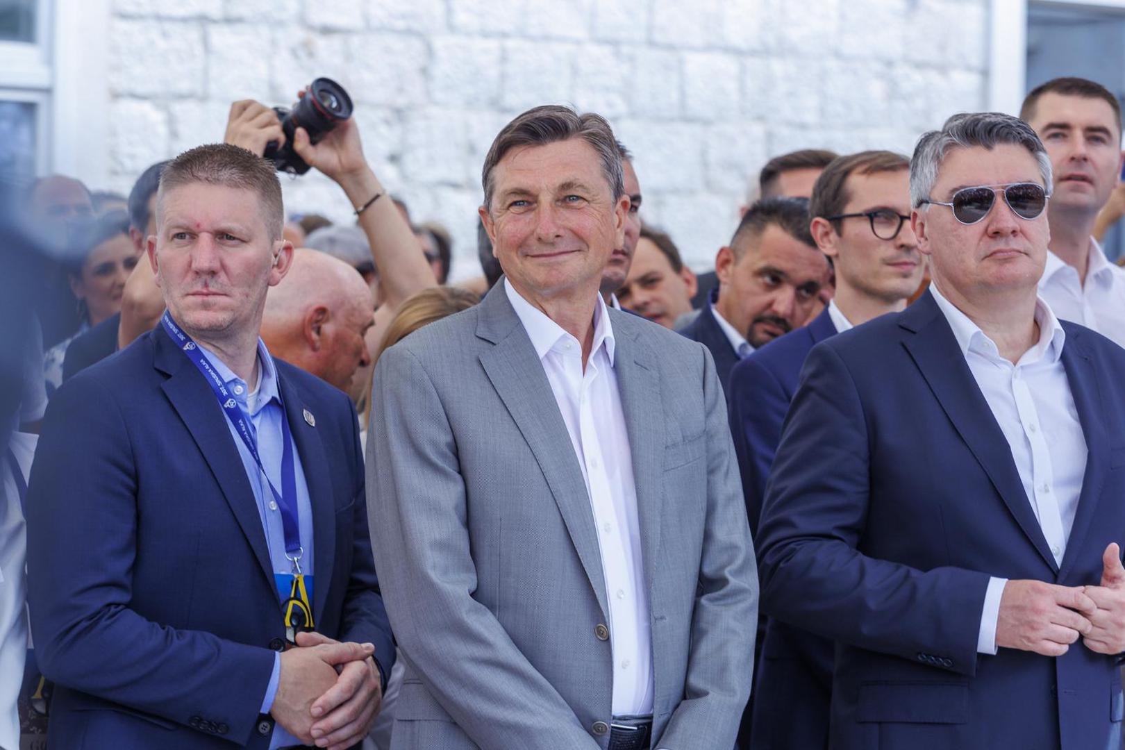 07.08.2022., Sinj - Predsjednik RH Zoran Milanovic, premijer Andrej Plenkovic s ministrima, predsjednik Republike Slovenije Borut Pahor sudjelovali su na Vojvodinom prijemu u Alkarskim dvorima.
Borut Pahor, Zoran Milanovic
Photo:   Photo: Miroslav Lelas/PIXSELL