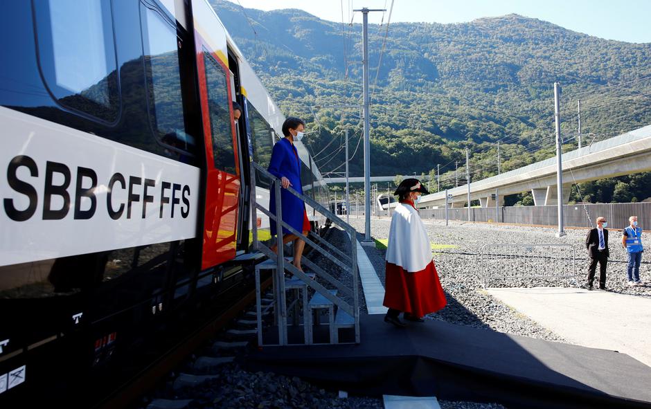 Swiss President Simonetta Sommaruga arrives before the opening ceremony of the newly built Ceneri Base Tunnel near Camorino