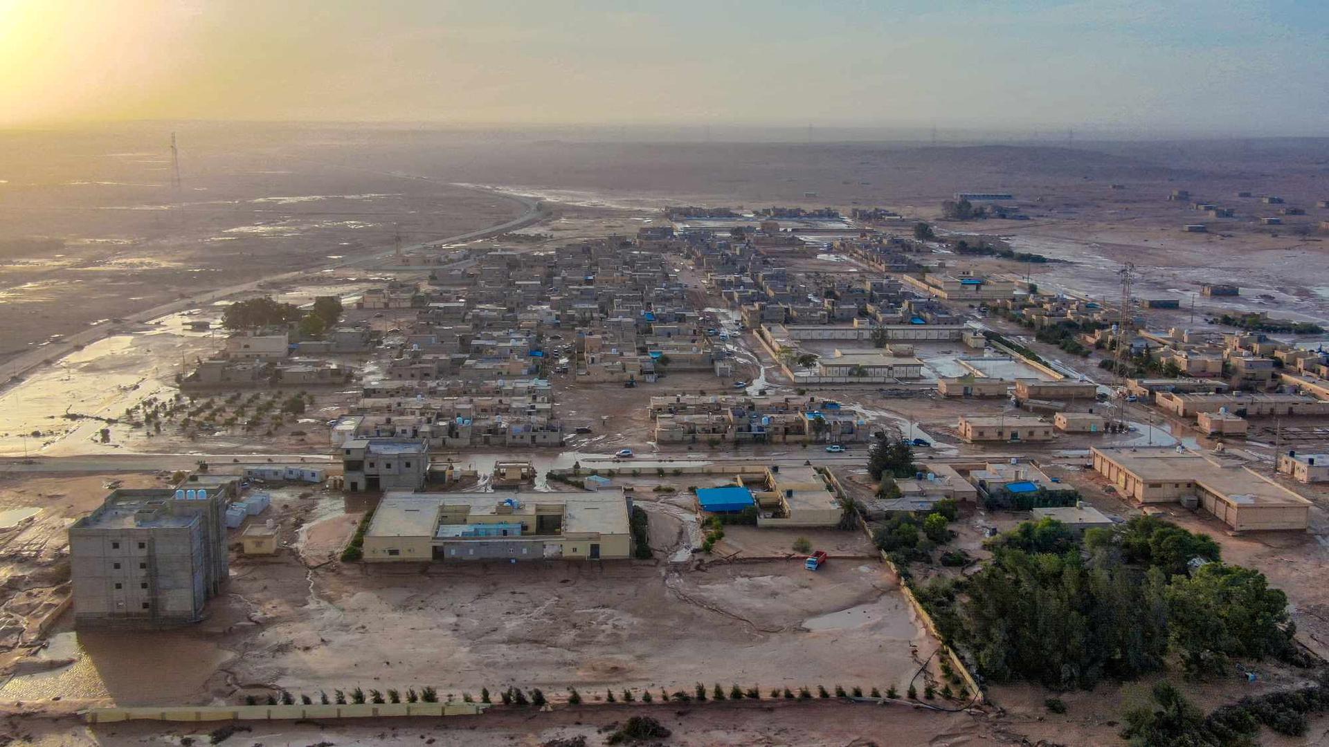 General view of flood water covering the area as a powerful storm and heavy rainfall hit Al-Mukhaili, Libya September 11, 2023, in this handout picture. Libya Al-Hadath/Handout via REUTERS    THIS IMAGE HAS BEEN SUPPLIED BY A THIRD PARTY Photo: LIBYA AL-HADATH/REUTERS