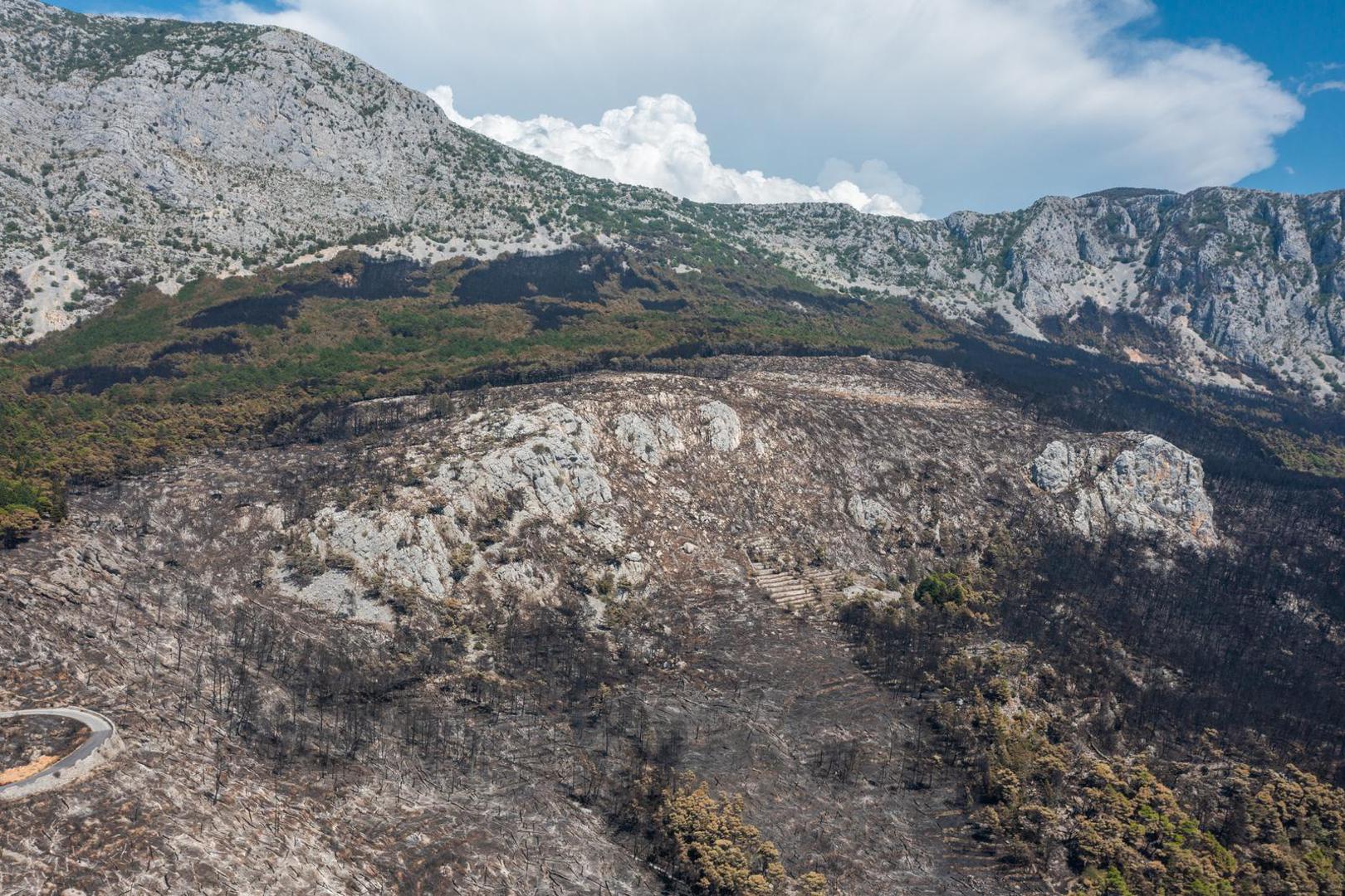 03.08.2024. Gornje Tucepi
Fotografije iz zraka opožarenog podrucja od Tucepi do Gornje Podgore i Parka prirode Biokovo. Photo: Matko Begovic/PIXSELL