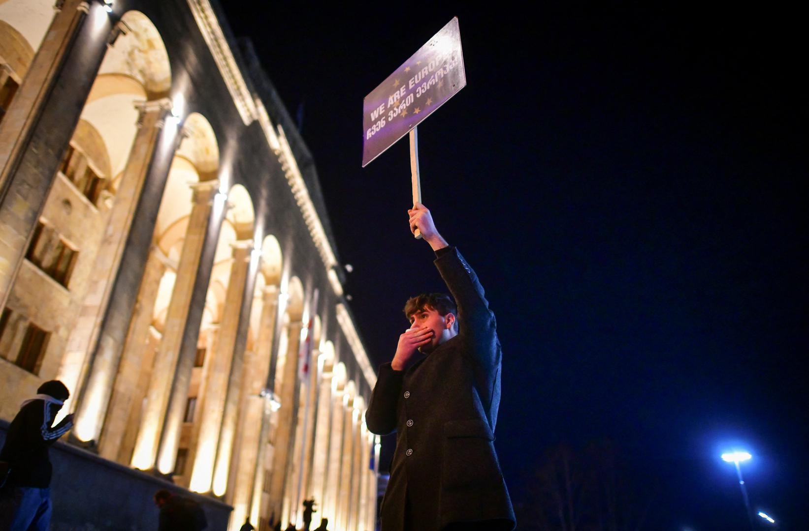 A protester takes part in a rally against the "foreign agents" law in Tbilisi, Georgia, March 7, 2023.  REUTERS/Zurab Javakhadze Photo: ZURAB JAVAKHADZE/REUTERS