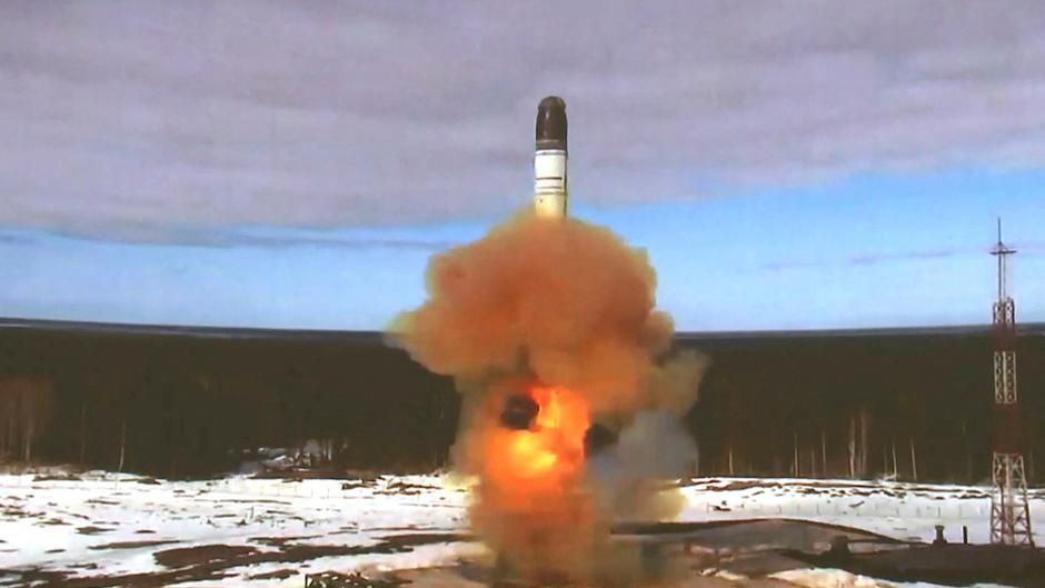 The Sarmat intercontinental ballistic missile is launched during a test at Plesetsk cosmodrome