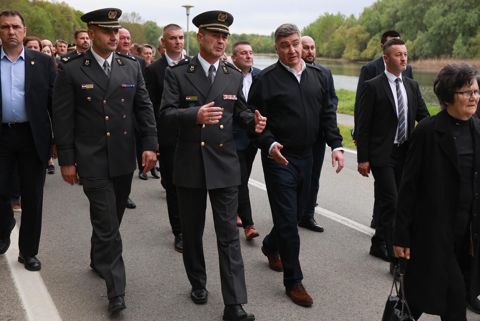 03.04.2024., Belisce - Od Mosta 107. brigade Hrvatske vojske do spomenika poginulim pripadnicima 107. brigade Hrvatske vojske, predsjednik Republike i vrhovni zapovjednik Oruzanih snaga Republike Hrvatske Zoran Milanovic sudjelovao je u svecanom mimohodu povodom 32. obljetnice najvece vojno redarstvene akcije 107. brigade HV-a – Operacije Baranja. Photo: Davor Javorovic/PIXSELL