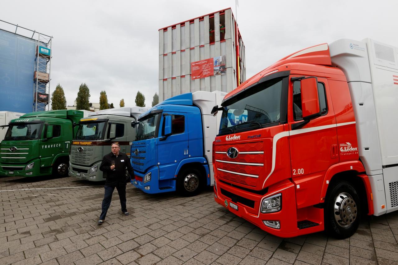 New hydrogen fuel cell truck made by Hyundai is displayed in Luzern