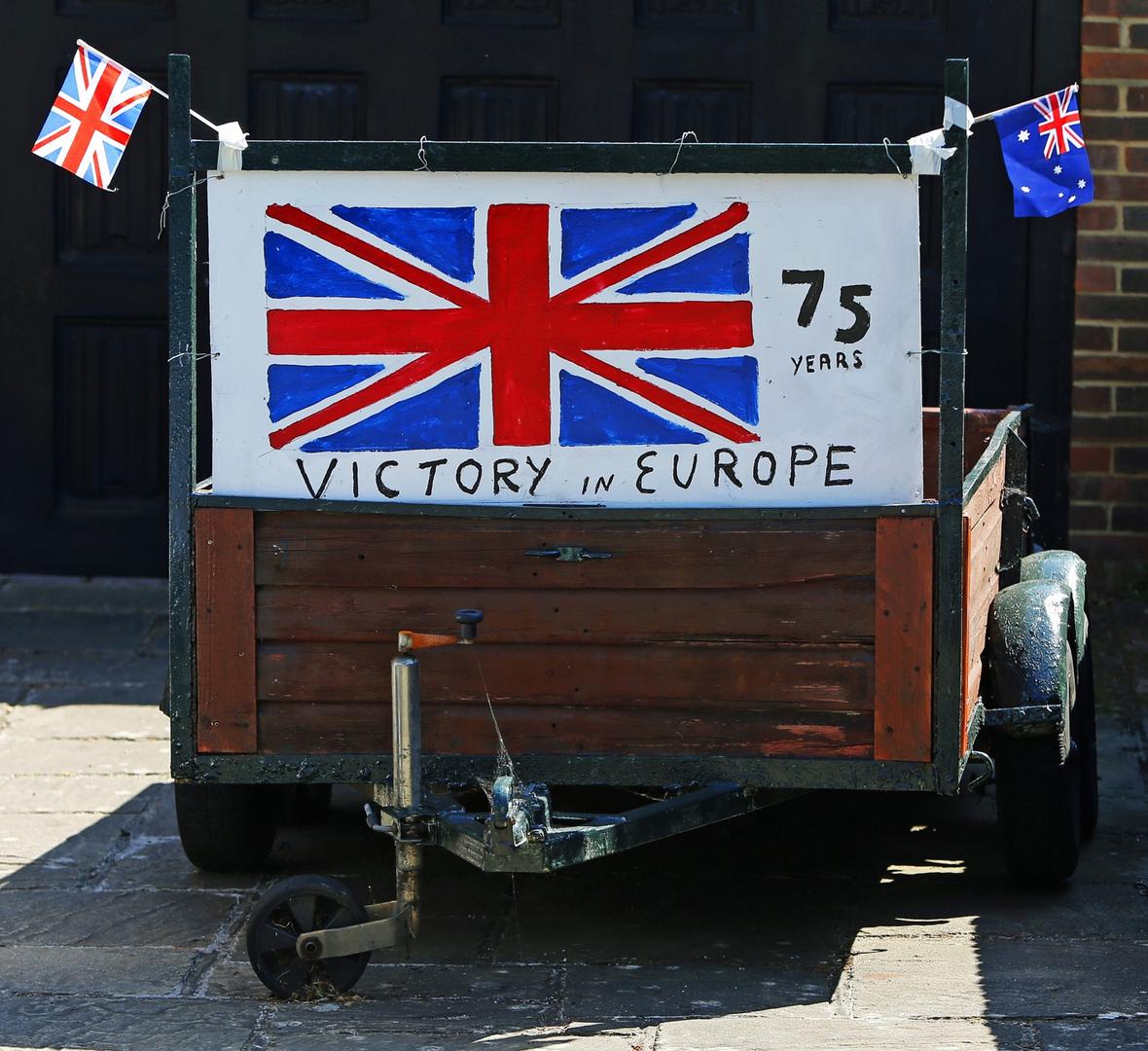 VE Day 75th Anniversary A Union Jack / Great Britain flag and an Australian flag attached to a car trailer in Lancing, Sussex, ahead of the 75th anniversary of VE Day, which marks the end of the Second World War in Europe. Kieran Cleeves  Photo: PA Images/PIXSELL