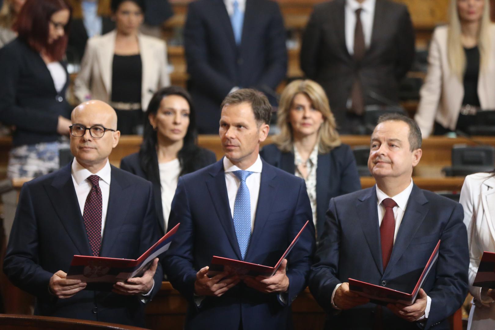 02, May, 2024, Belgrade - The Prime Minister of the Republic of Serbia, Milos Vucevic, and the ministers took the oath in the Assembly of the Republic of Serbia, and with that, their mandate officially began. Milos Vucevic, Sinisa Mali, Ivica Dacic. Photo: F.S./ATAImages

02, maj, 2024, Beograd - Predsednik Vlade Republike Srbije Milos Vucevic i ministri polozili su zakletvu u Skupstini Republike Srbije, a time je poceo i zvanicno da im tece mandat. Photo: F.S./ATAImages Photo: F.S./ATAImages/PIXSELL