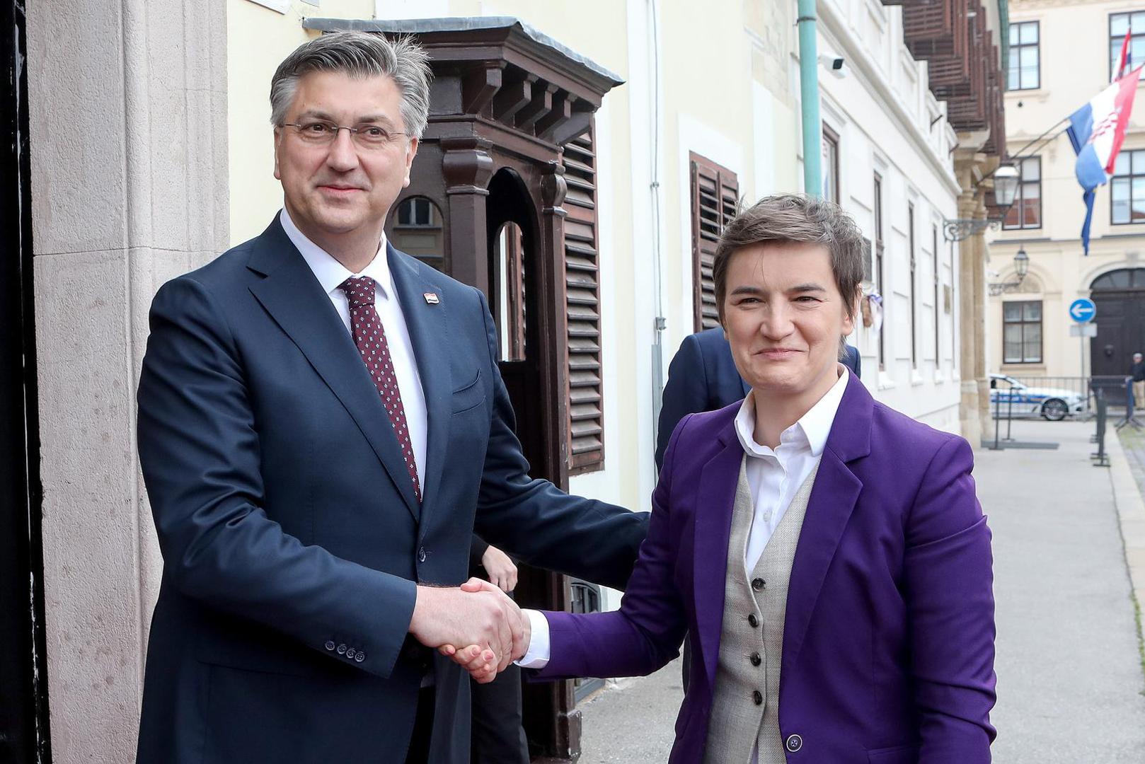 30.04.2023., Zagreb - Predsjednik Vlade Hrvatske Andrej Plenkovic sastao se s predsjednicom Vlade Srbije Anom Brnabic u Banskim dvorima. Photo: Zeljko Hladika/PIXSELL