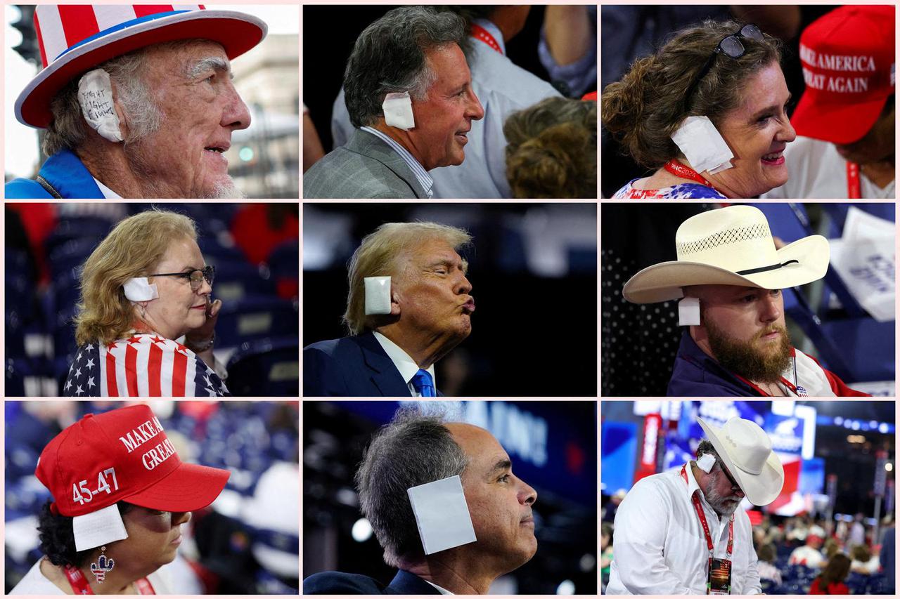 A combo shows Republican presidential nominee Trump with a bandaged ear after he was injured in an assassination attempt, and supporters and attendees wearing bandages over their ears in tribute to Trump during the RNC