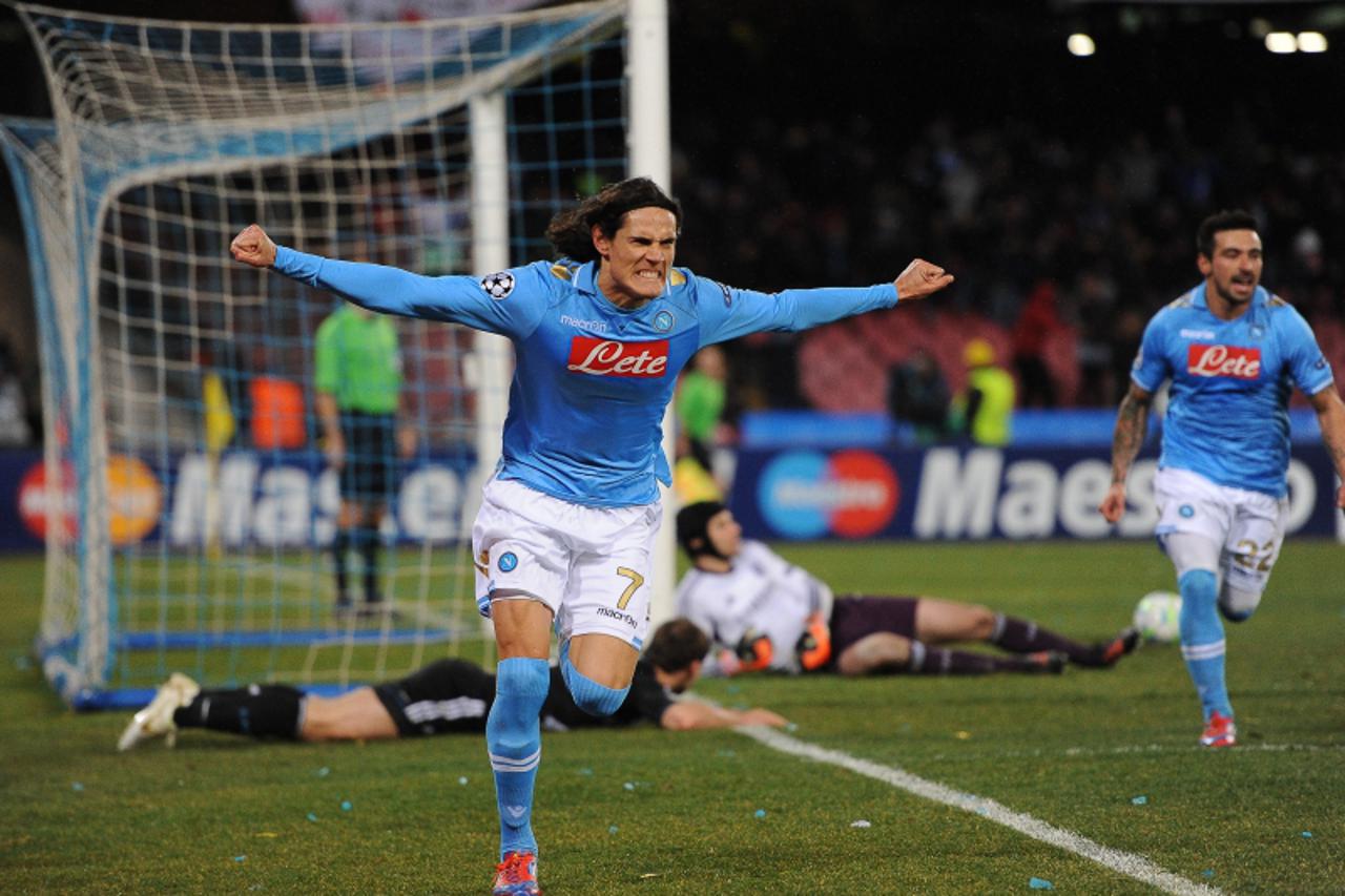 'Napoli\'s Huruguayan forward Edinson Roberto Cavani celebrates after scoring against  Chelsea the Champions League round of 16 first leg football match, Napoli vs Chelsea at San Paolo stadium in Napl