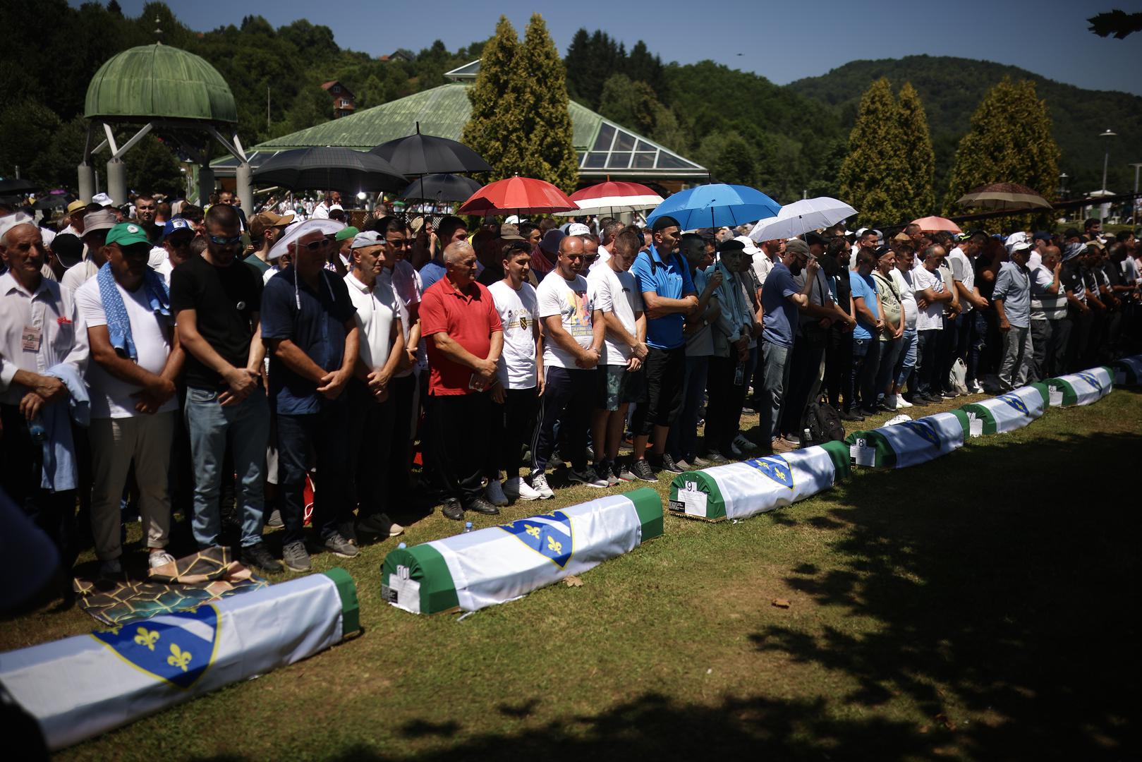 11.07.2024., Potocari, Bosna i Hercegovina - U Memorijalnom centru Srebrenica-Potocari obiljezena 29. godisnjica genocida nad Bosnjacima "Sigurne zone UN-a" Srebrenica, te je klanjana dzenaza i obavljen ukop za 14 nevinih zrtava genocida u Srebrenici. Photo: Armin Durgut/PIXSELL