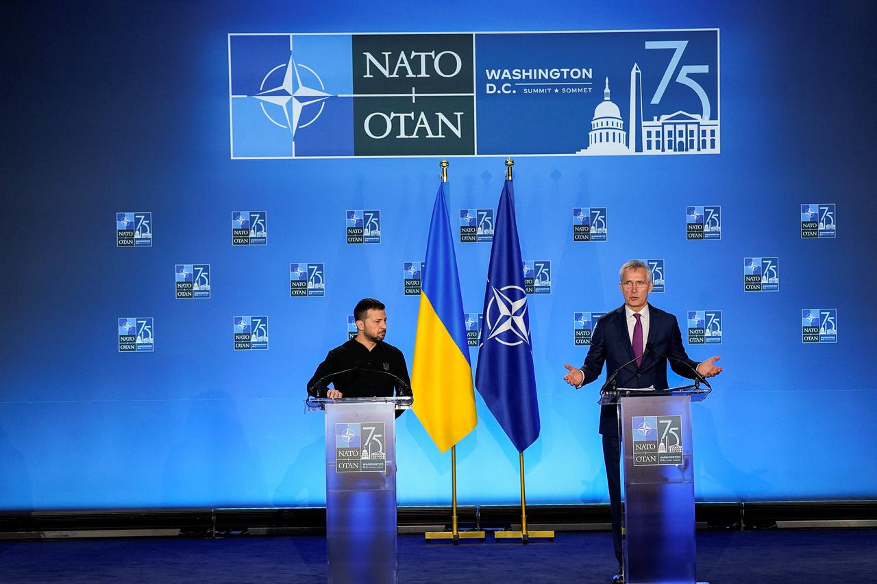 Ukraine's President Zelenskiy and NATO Secretary General Stoltenberg attend press conference, during NATO's 75th anniversary summit, in Washington