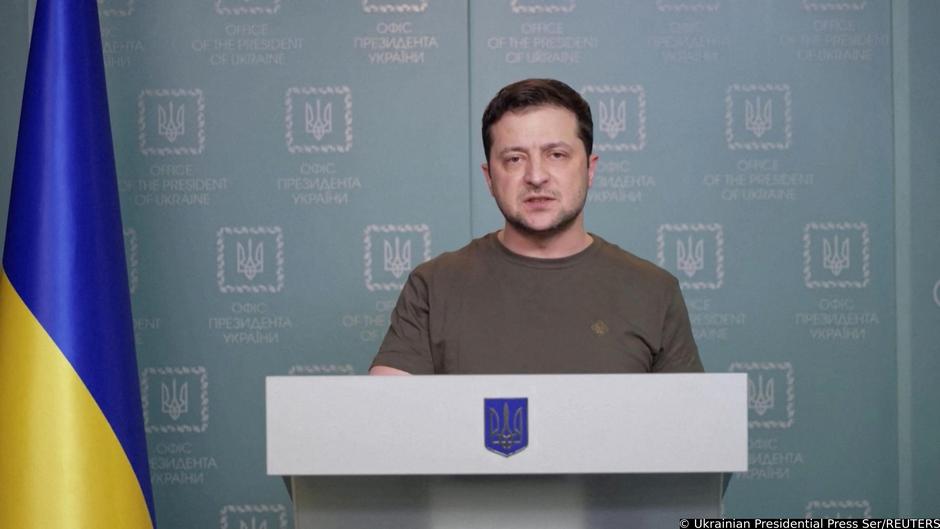 Ukrainian President Zelenskiy speaks during a video address where he urges the West to consider imposing a no-fly zone for Russian missiles, planes and helicopters, amid Russia's invasion of Ukraine, in Kyiv