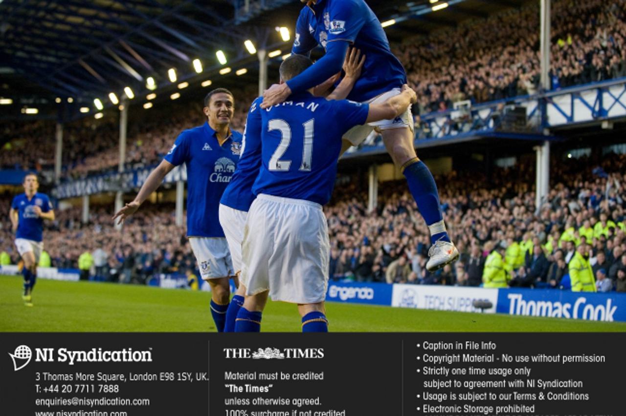 'Barclays Premier League. Everton v Tottenham Hotspur. Nikica Jelavic scores the winner for Everton. Credit: The Times. Online rights must be cleared by NI Syndication. Photo: NI Syndication/PIXSELL'