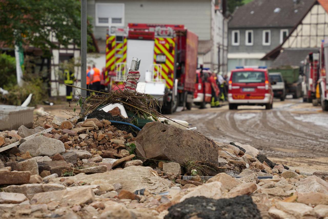 Rubble sit in the streets after a heavy storm destroyed buildings in the town of Trendelburg