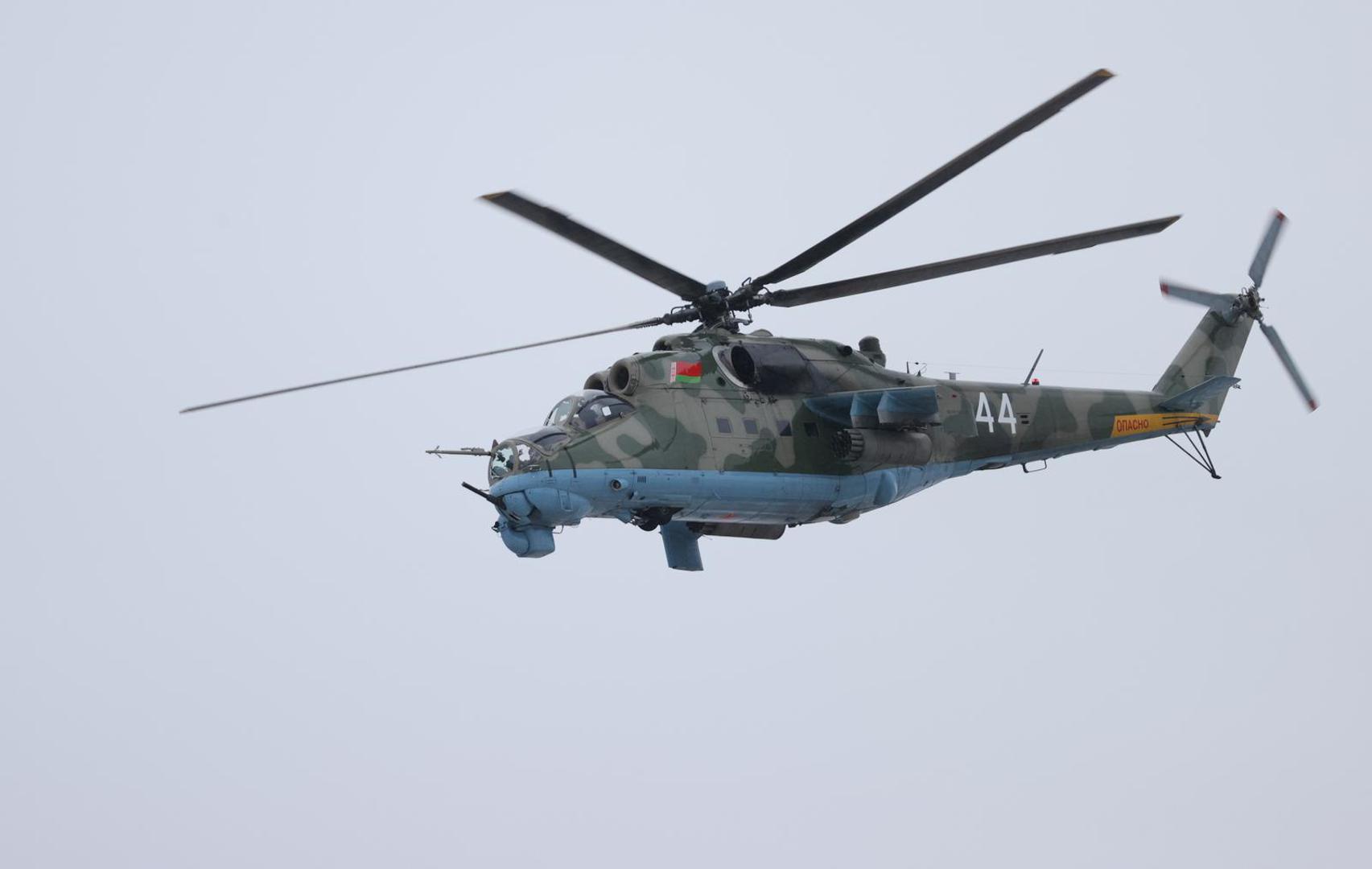 BREST REGION, BELARUS - FEBRUARY 3, 2022: A Mil Mi-24 helicopter of the Belarusian Air Force takes part in an exercise to test response forces of the Union State of Russia and Belarus at Brestsky firing range. Combined arms, paratrooper, artillery and air force units have completed field firing. Gavriil Grigorov/TASS Photo via Newscom Photo: Gavriil Grigorov/NEWSCOM