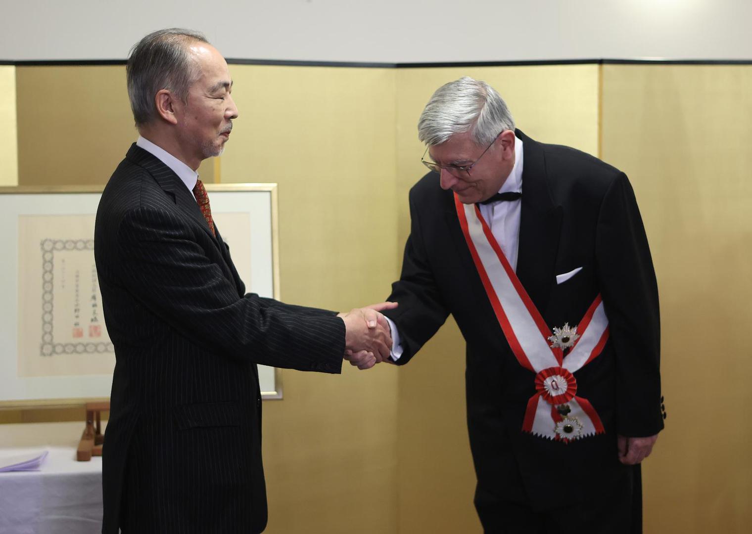 17.04.2023., Zagreb - Potpredsjednik Hrvatskoga sabora akademik Zeljko Reiner prima "Odlicje Reda izlazeceg sunca prve klase s lentom" u rezidenciji japanskog veleposlanika. Photo: Marko Prpic/PIXSELL