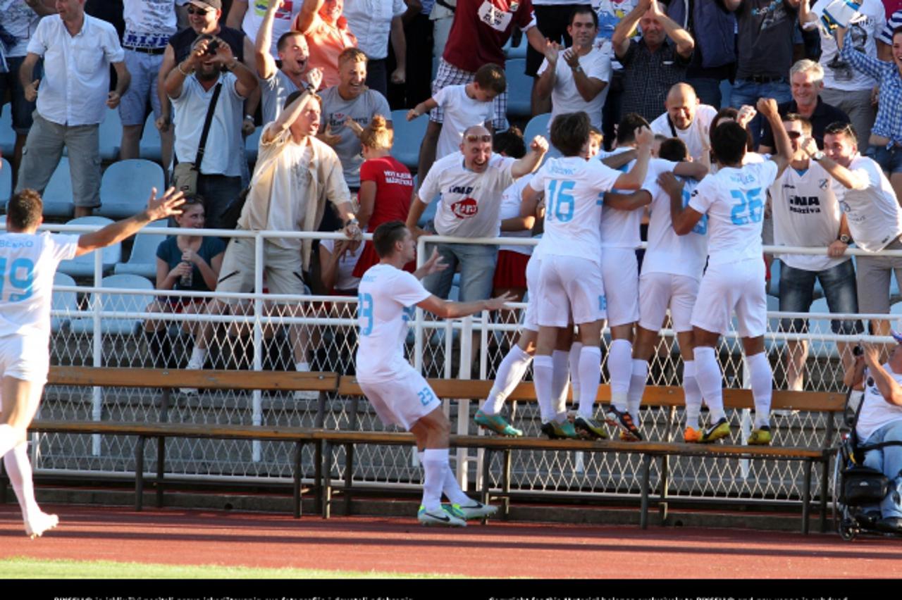 '01.08.2013., stadion Kantrida, Rijeka - Prva utakmica 3. pretkola Europske lige, HNK Rijeka - MSK Zilina. Igraci i navijaci Rijeke slave prvi gol Sharbinija. Photo: Goran Kovacic/PIXSELL'