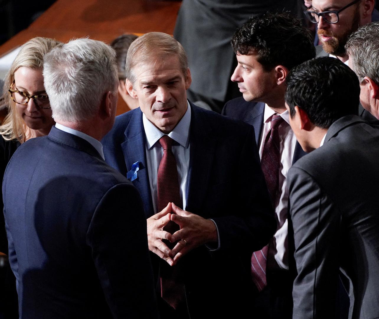 U.S. Rep. Jim Jordan (R-OH) confers with fellow Republicans including former House Speaker Kevin McCarthy (R-CA) after a second round of voting for a new Speaker of the House ended with Jordan once again failing to win the Speaker's gavel on the floor of the House of Representatives at the U.S. Capitol in Washington, U.S., October 18, 2023. REUTERS/Elizabeth Frantz Photo: ELIZABETH FRANTZ/REUTERS