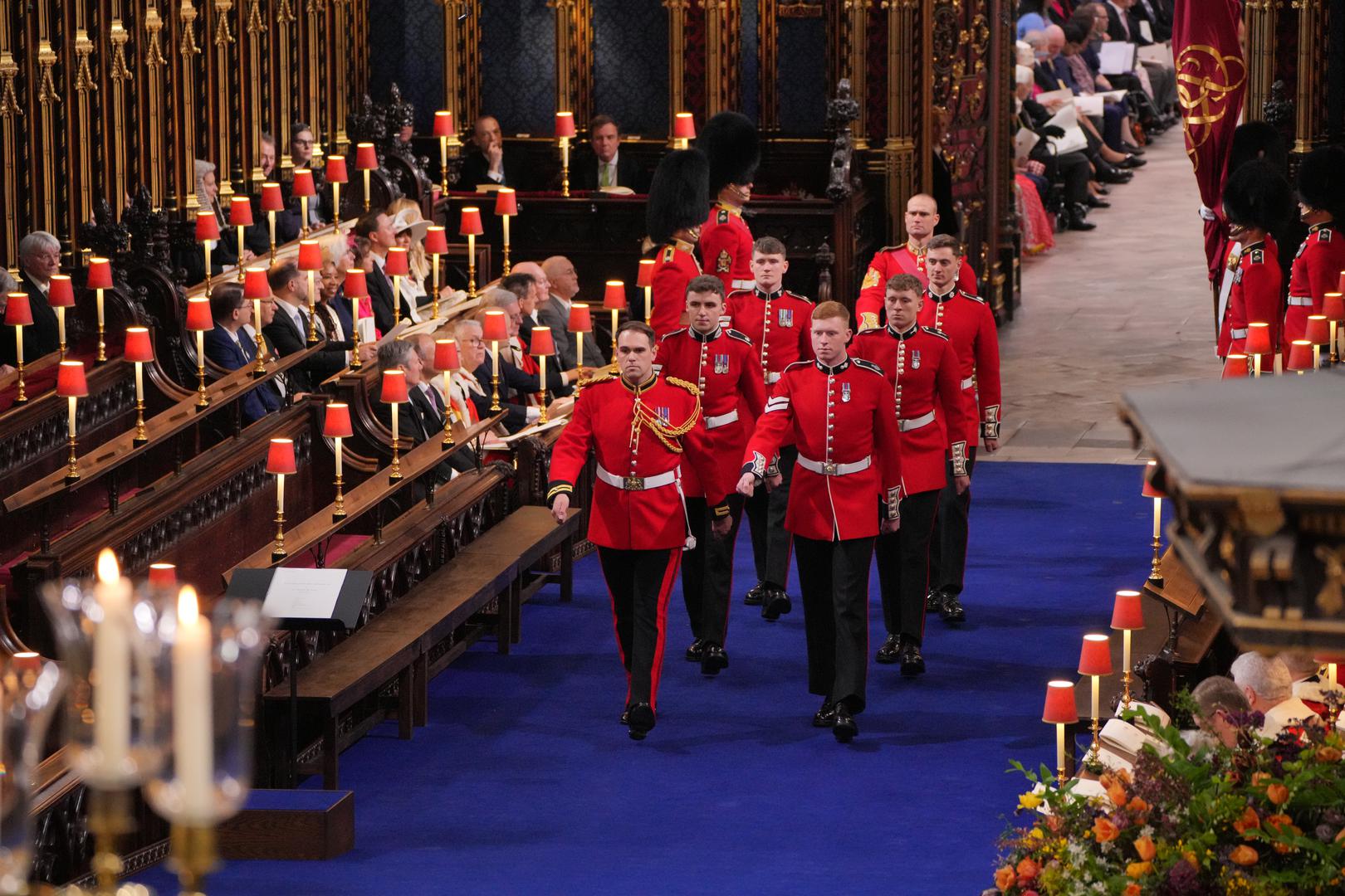 Service personnel from Regiments of the Household Division holding the Freedom of the City of London who will hold the Anointing Screen in Westminster Abbey ahead of the coronation ceremony of King Charles III and Queen Camilla in London. Picture date: Saturday May 6, 2023. Photo: Aaron Chown/PRESS ASSOCIATION