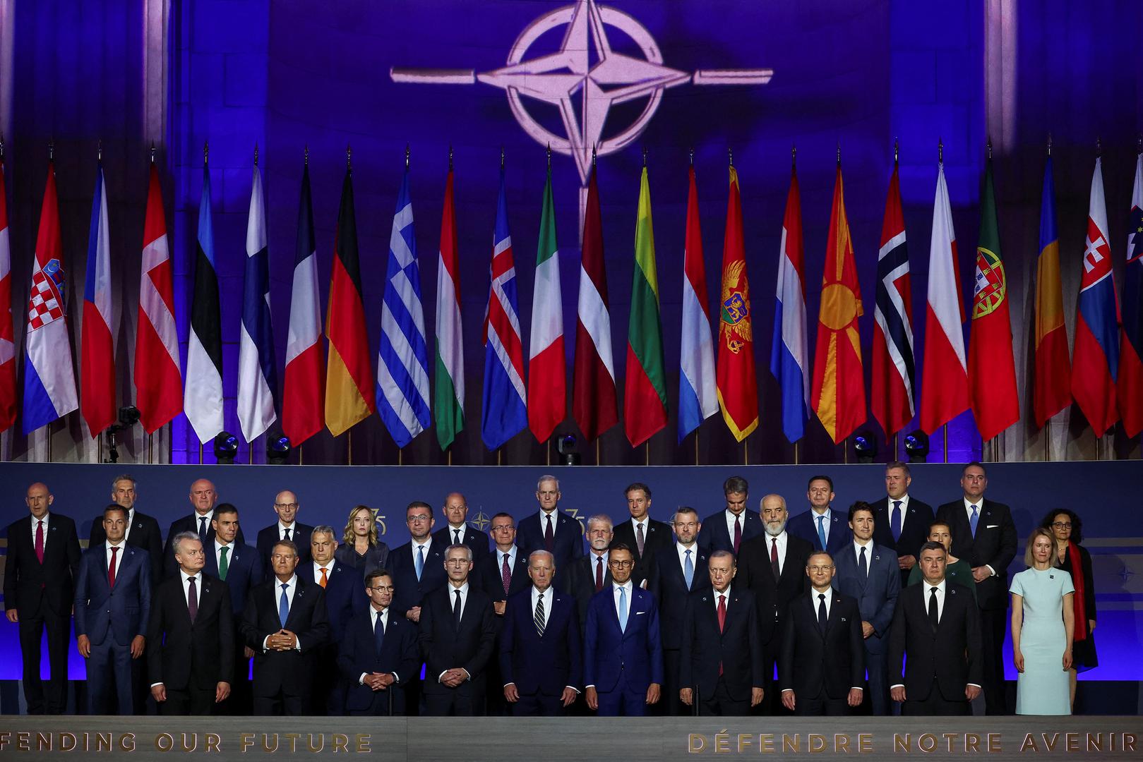 U.S. President Joe Biden, NATO Secretary General Jens Stoltenberg, Canadian Prime Minister Justin Trudeau, Italian Prime Minister Giorgia Meloni, Sweden's Prime Minister Ulf Kristersson, The Netherlands' Former Prime Minister Mark Rutte, Turkish President Tayyip Erdogan, Polish President Andrzej Duda, Czech Republic's President Petr Pavel, Hungary's Prime Minister Viktor Orban, Estonia's Prime Minister Kaja Kallas, the Norwegian Prime Minister Jonas Gahr Store, Greek Prime Minister Kyriakos Mitsotakis, German Chancellor Olaf Scholz, Spanish Prime Minister Pedro Sanchez, Latvia's President Edgars Rinkevics and other officials pose for a family photo as they attend a NATO event to commemorate the 75th anniversary of the alliance, in Washington, U.S., July 9, 2024. REUTERS/Yves Herman Photo: YVES HERMAN/REUTERS