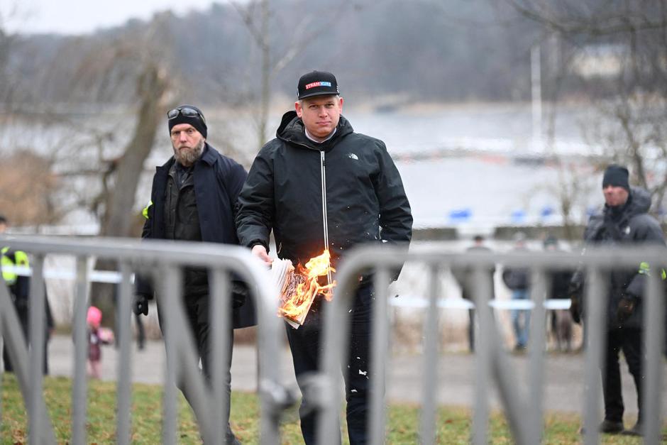 Leader of Danish political party Stram Kurs Rasmus Paludan outside the Turkish embassy, in Stockholm