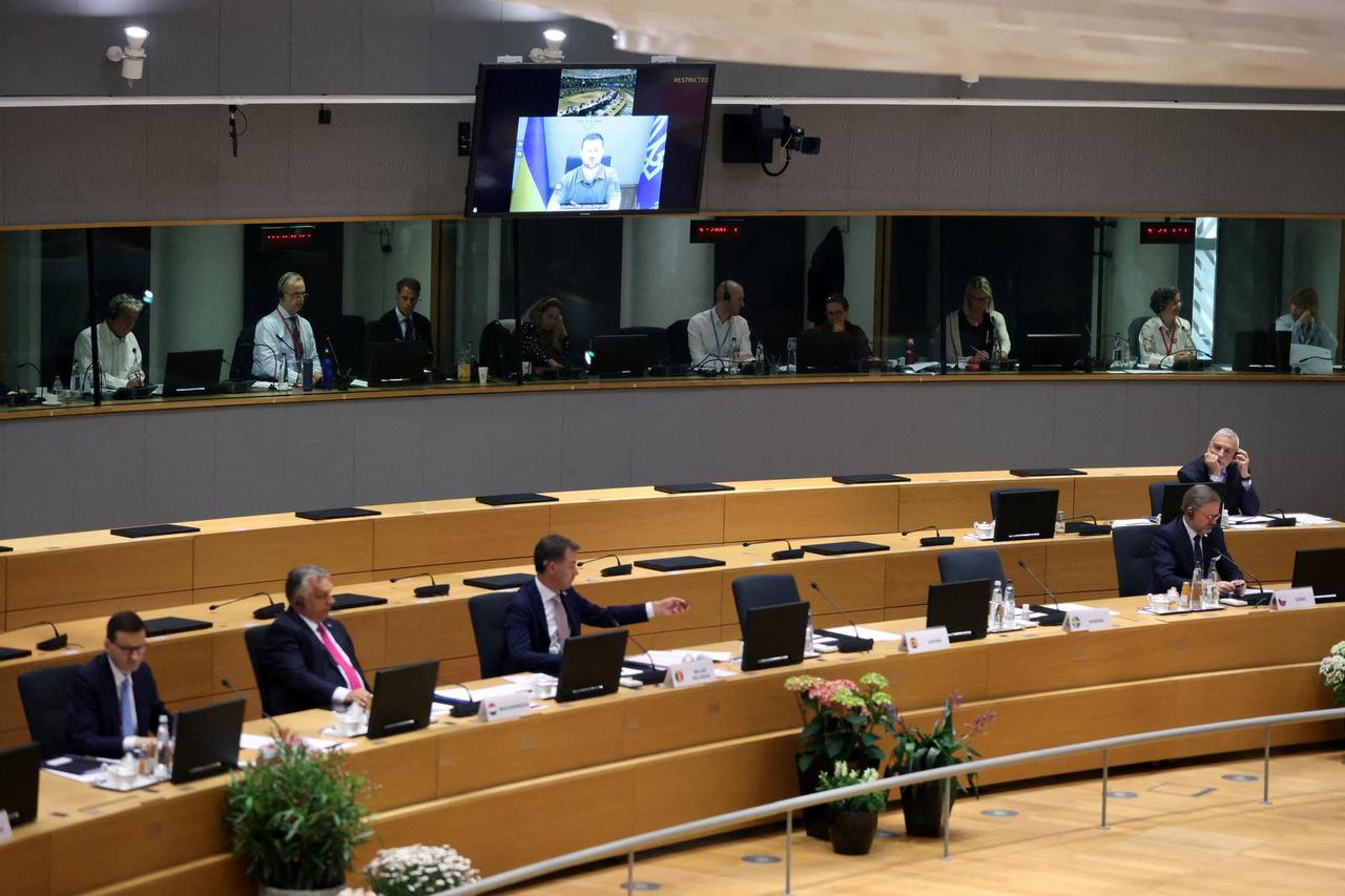 Ukrainian President Zelenskiy speaks during a special meeting of the European Council at The European Council Building in Brussels