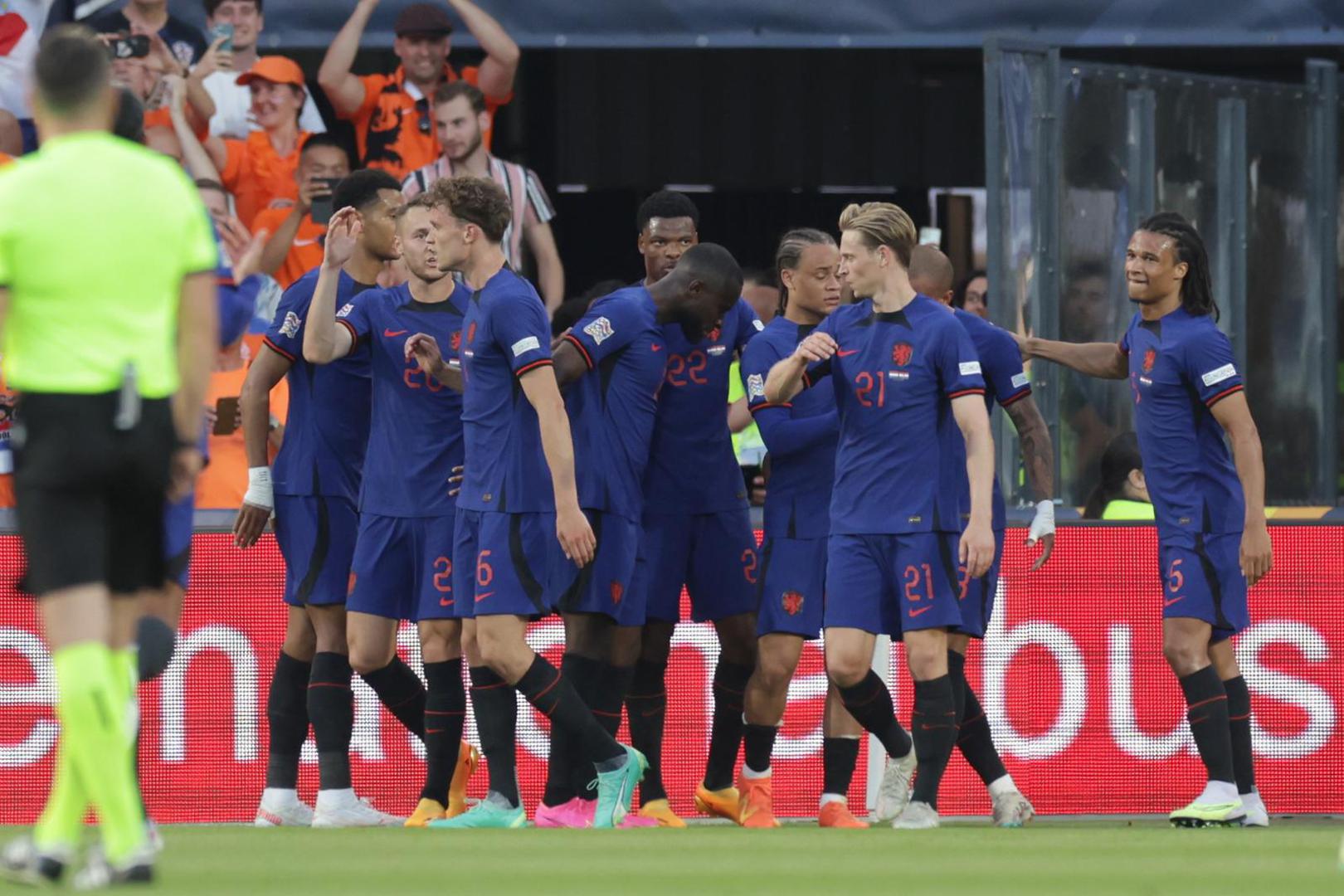 14.06.2023., stadion Feyenoord "De Kuip", Rotterdam, Nizozemska - UEFA Liga Nacija, polufinale, Nizozemska - Hrvatska. Nogometasi Nizozemske slave pogodak za 1:0. Photo: Luka Stanzl/PIXSELL