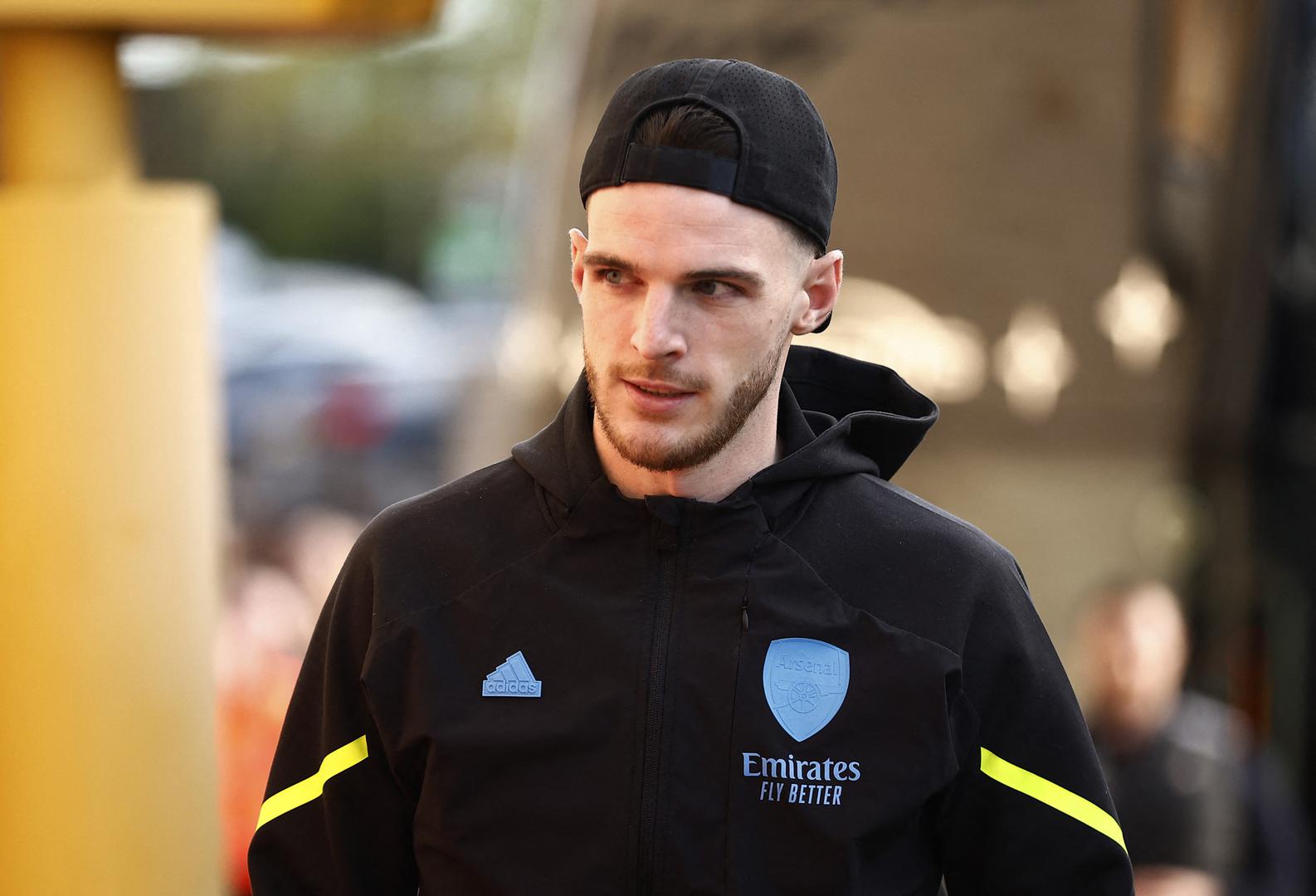 Soccer Football - Premier League - Wolverhampton Wanderers v Arsenal - Molineux Stadium, Wolverhampton, Britain - April 20, 2024  Arsenal's Declan Rice arrives before the match Action Images via Reuters/Jason Cairnduff NO USE WITH UNAUTHORIZED AUDIO, VIDEO, DATA, FIXTURE LISTS, CLUB/LEAGUE LOGOS OR 'LIVE' SERVICES. ONLINE IN-MATCH USE LIMITED TO 45 IMAGES, NO VIDEO EMULATION. NO USE IN BETTING, GAMES OR SINGLE CLUB/LEAGUE/PLAYER PUBLICATIONS. Photo: Jason Cairnduff/REUTERS