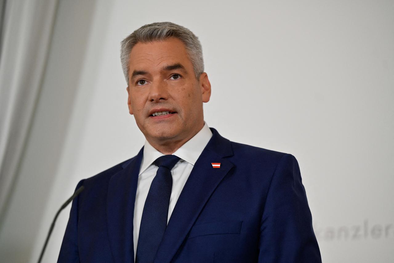 Austrian Chancellor and head of (OeVP) Karl Nehammer gives a press statement in Vienna