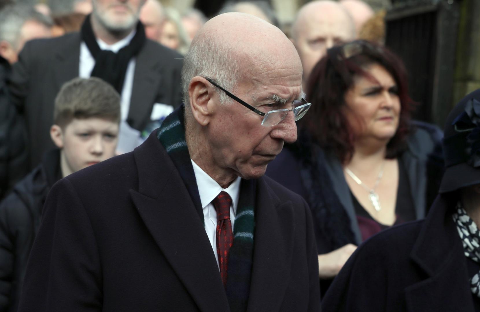 Harry Gregg funeral Sir Bobby Charlton outside St Patrick's Parish Church, Coleraine after the funeral of former Manchester United and Northern Ireland goalkeeper Harry Gregg. Brian Lawless  Photo: PA Images/PIXSELL