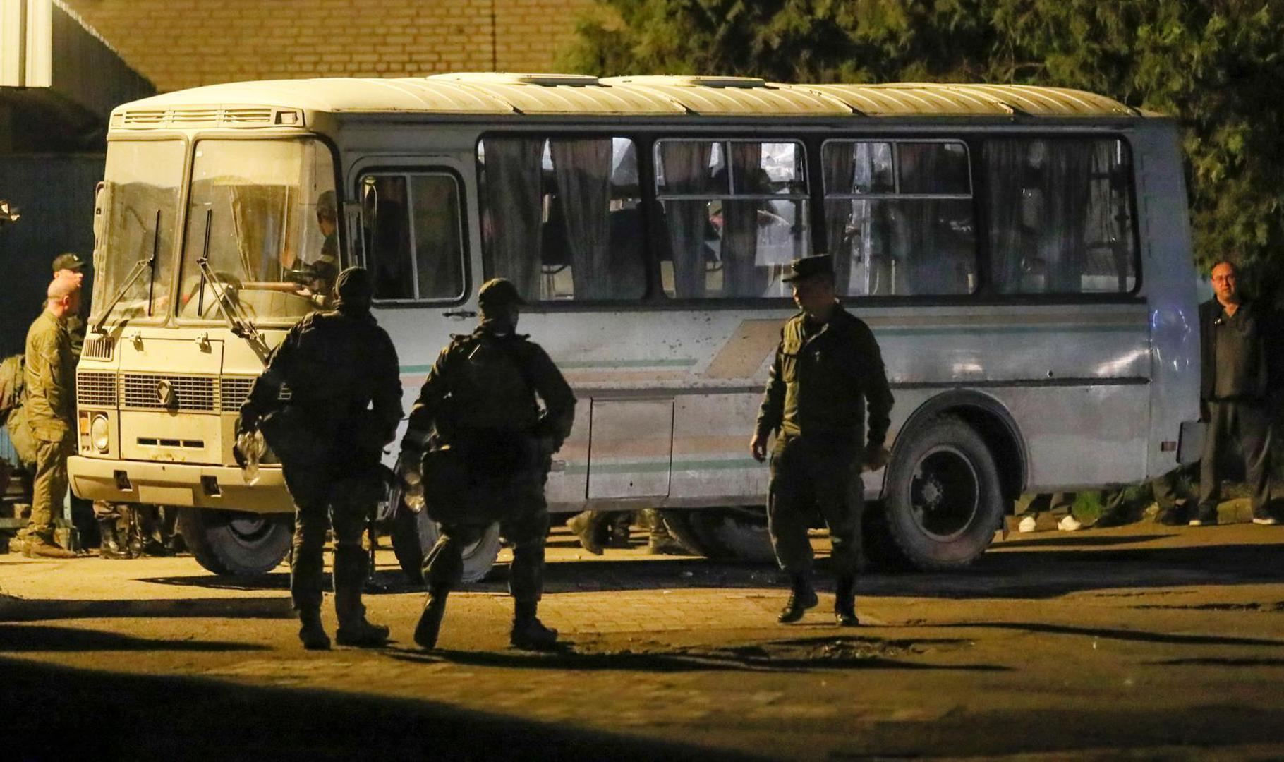 A view shows a bus carrying service members of Ukrainian forces from the besieged Azovstal steel mill in Mariupol, which arrived under escort of the pro-Russian military in the course of Ukraine-Russia conflict in Novoazovsk, Ukraine May 16, 2022. REUTERS/Alexander Ermochenko Photo: Alexander Ermochenko/REUTERS