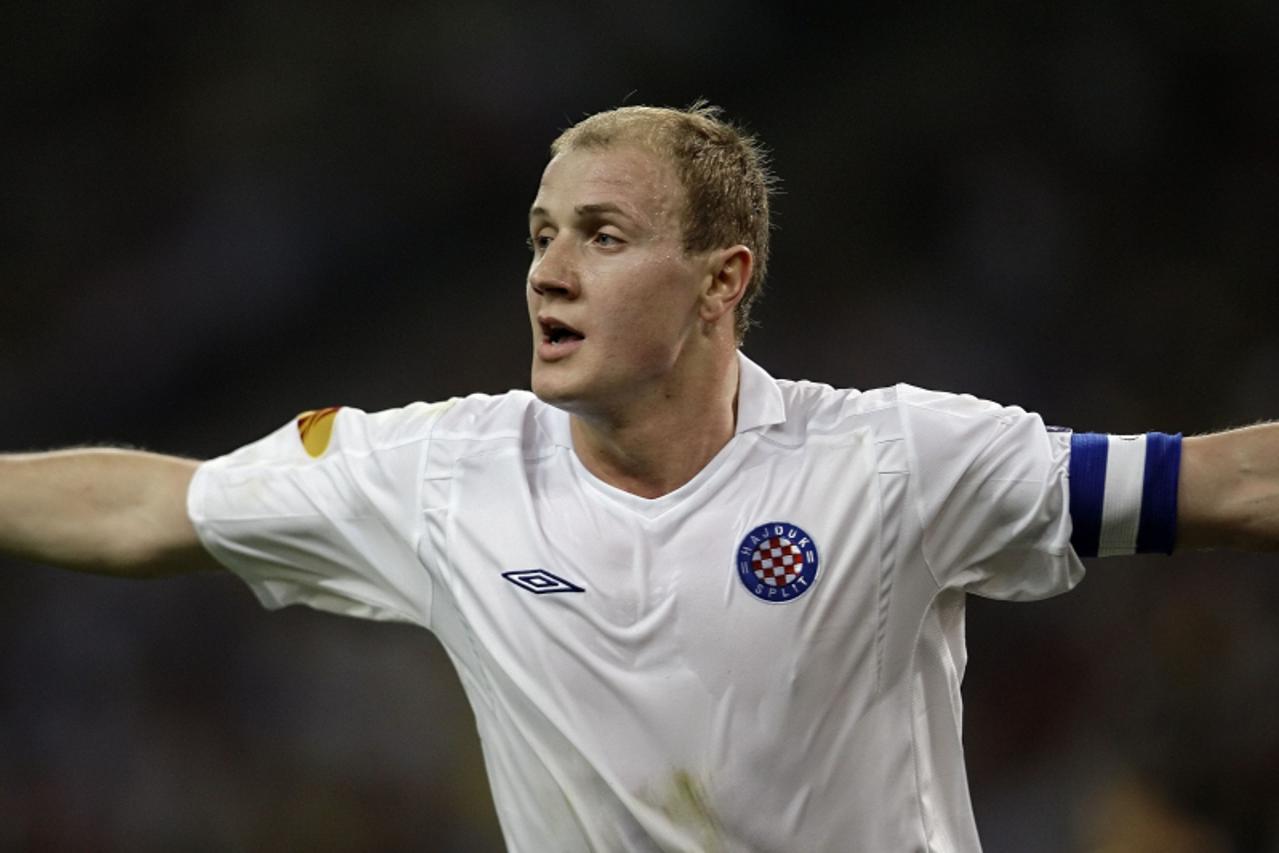 'HNK Hajduk Split\'s Senijad Ibricic celebrates his goal against AEK Athens on a penalty kick during their UEFA Europa League play-offs football match at the Olympic stadium in Athens on September 16,