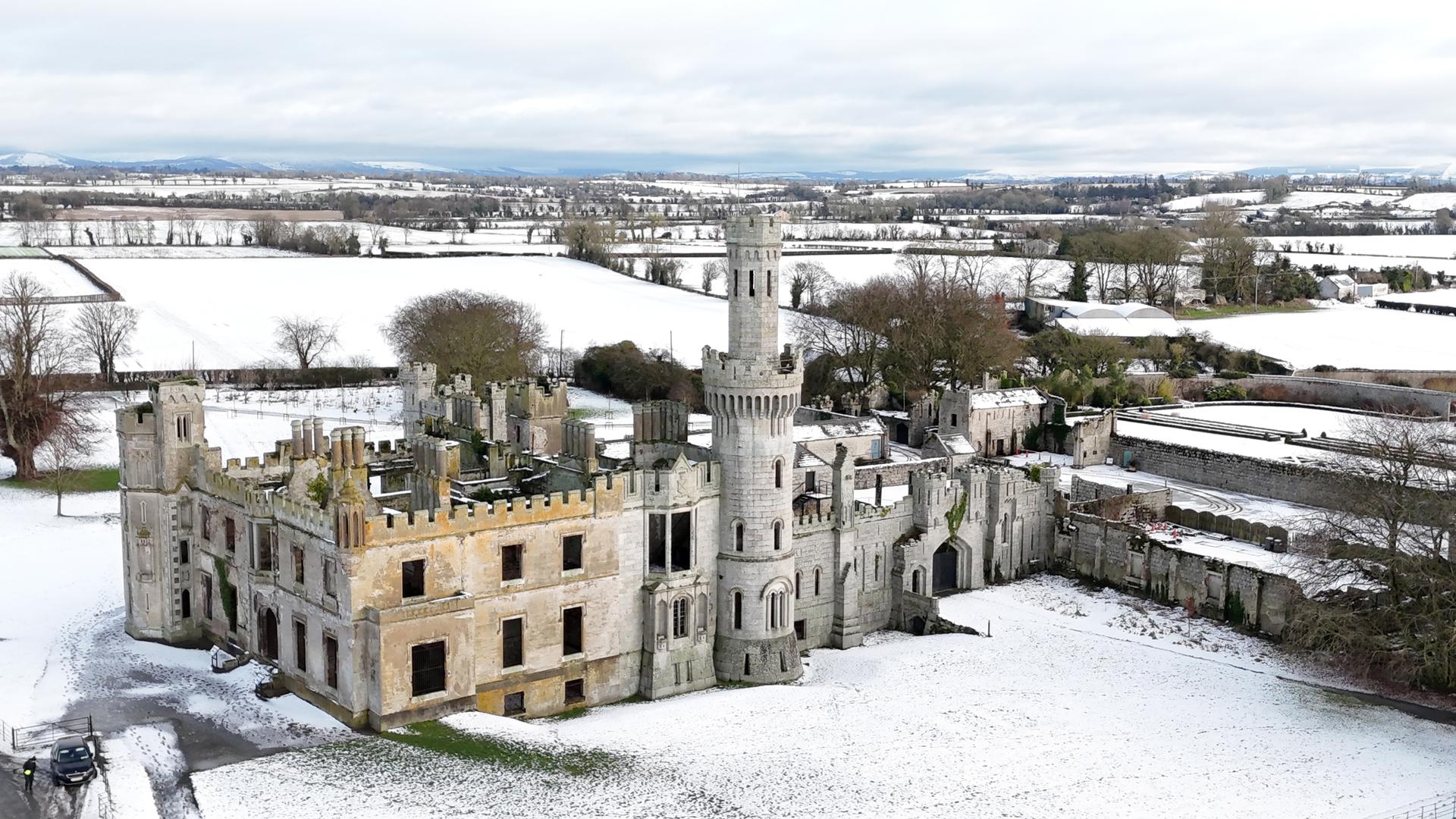 Snow surrounds Duckett's Grove, a ruined 19th-century great house and former estate in County Carlow in Ireland. Tens of thousands of homes and businesses in Ireland are without water and electricity amid a bitter cold snap across the whole island. Picture date: Monday January 6, 2025. Photo: Niall Carson/PRESS ASSOCIATION