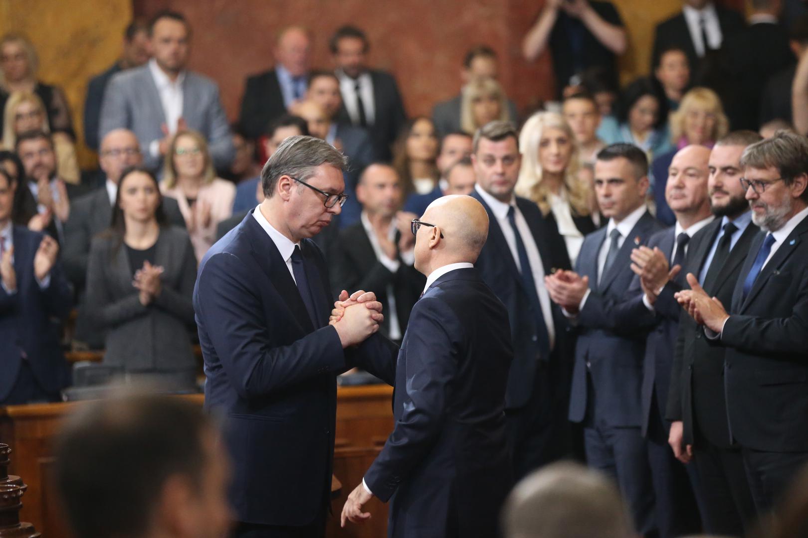 02, May, 2024, Belgrade - The Prime Minister of the Republic of Serbia, Milos Vucevic, and the ministers took the oath in the Assembly of the Republic of Serbia, and with that, their mandate officially began. Aleksandar Vucic, Milos Vucevic. Photo: F.S./ATAImages

02, maj, 2024, Beograd - Predsednik Vlade Republike Srbije Milos Vucevic i ministri polozili su zakletvu u Skupstini Republike Srbije, a time je poceo i zvanicno da im tece mandat. Photo: F.S./ATAImages Photo: F.S./ATAImages/PIXSELL