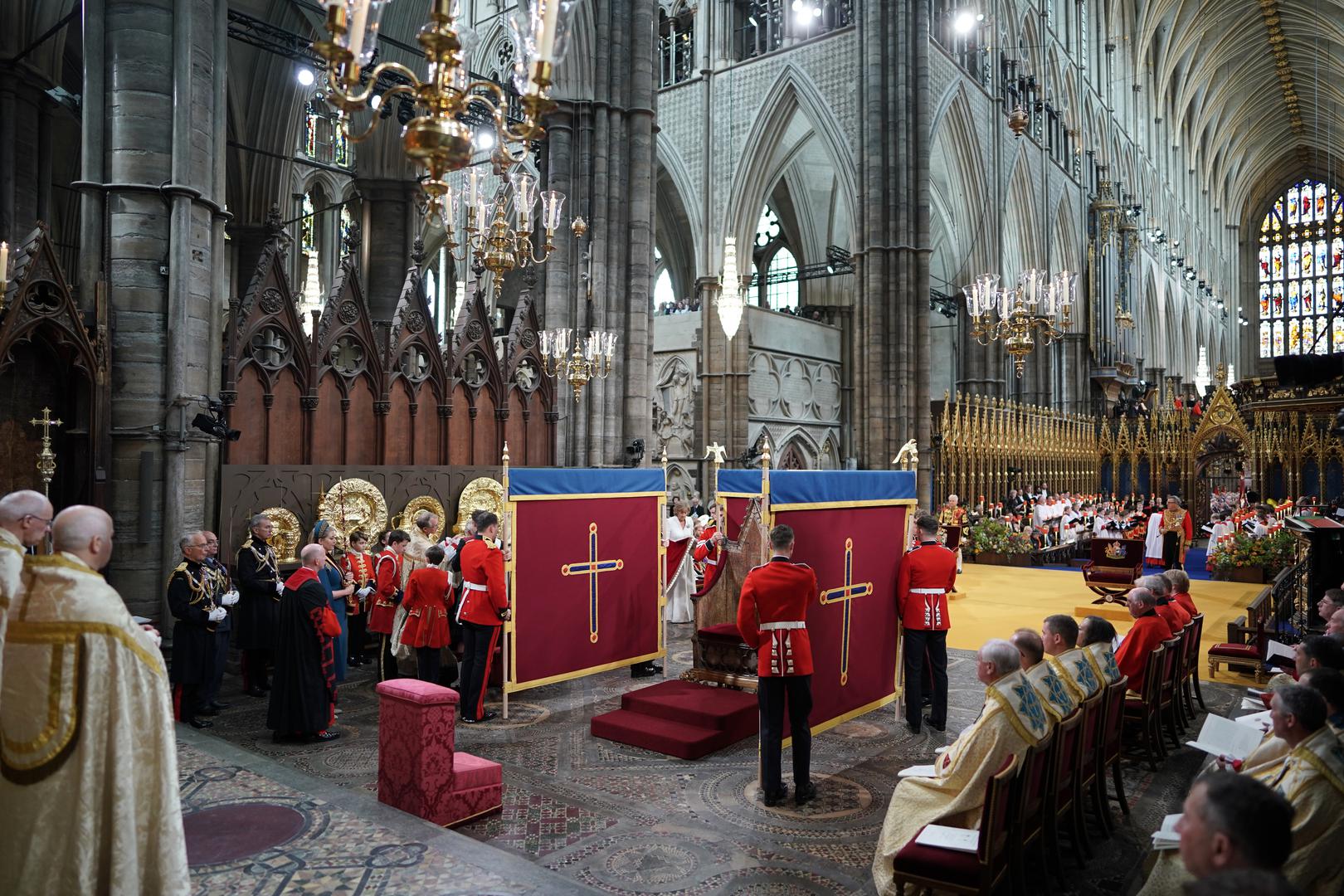 Screens are put in place at the coronation ceremony of King Charles III and Queen Camilla in Westminster Abbey, London. Picture date: Saturday May 6, 2023. Photo: Jonathan Brady/PRESS ASSOCIATION