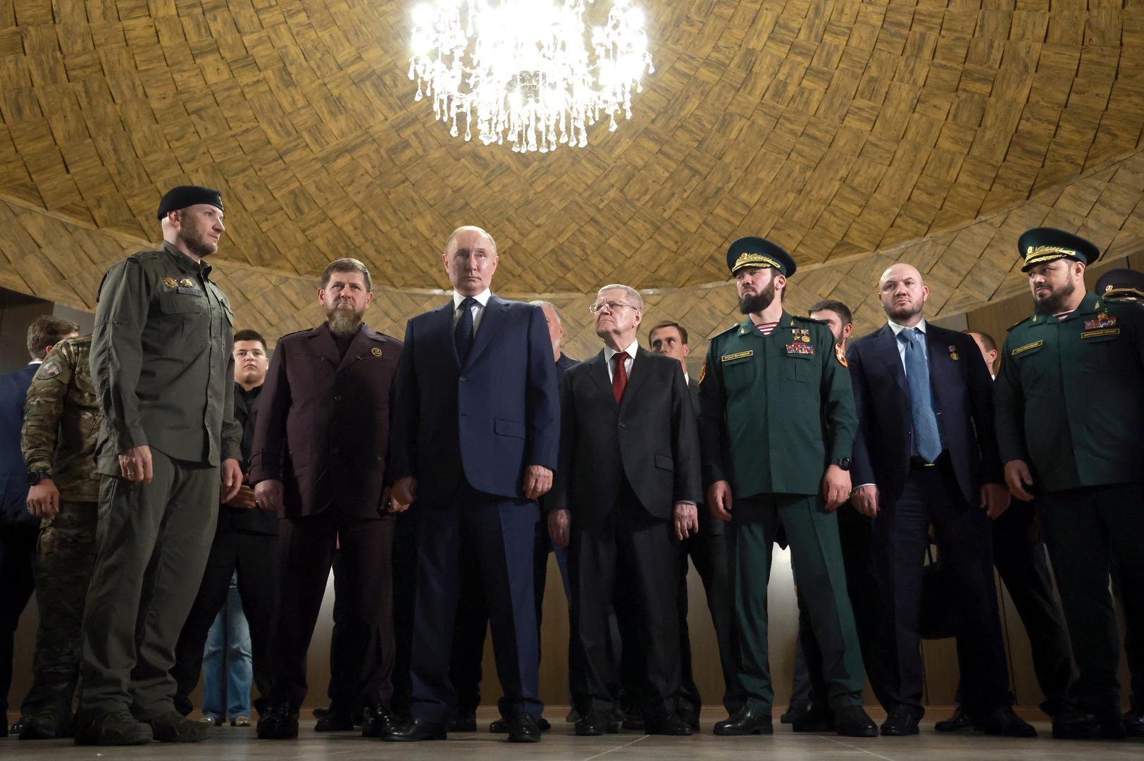 Russia's President Vladimir Putin, head of the Chechen Republic Ramzan Kadyrov, officials and military personnel visit the Russian Special Forces University in Gudermes, Russia August 20, 2024. Sputnik/Vyacheslav Prokofyev/Pool via REUTERS ATTENTION EDITORS - THIS IMAGE WAS PROVIDED BY A THIRD PARTY. Photo: VYACHESLAV PROKOFYEV/REUTERS