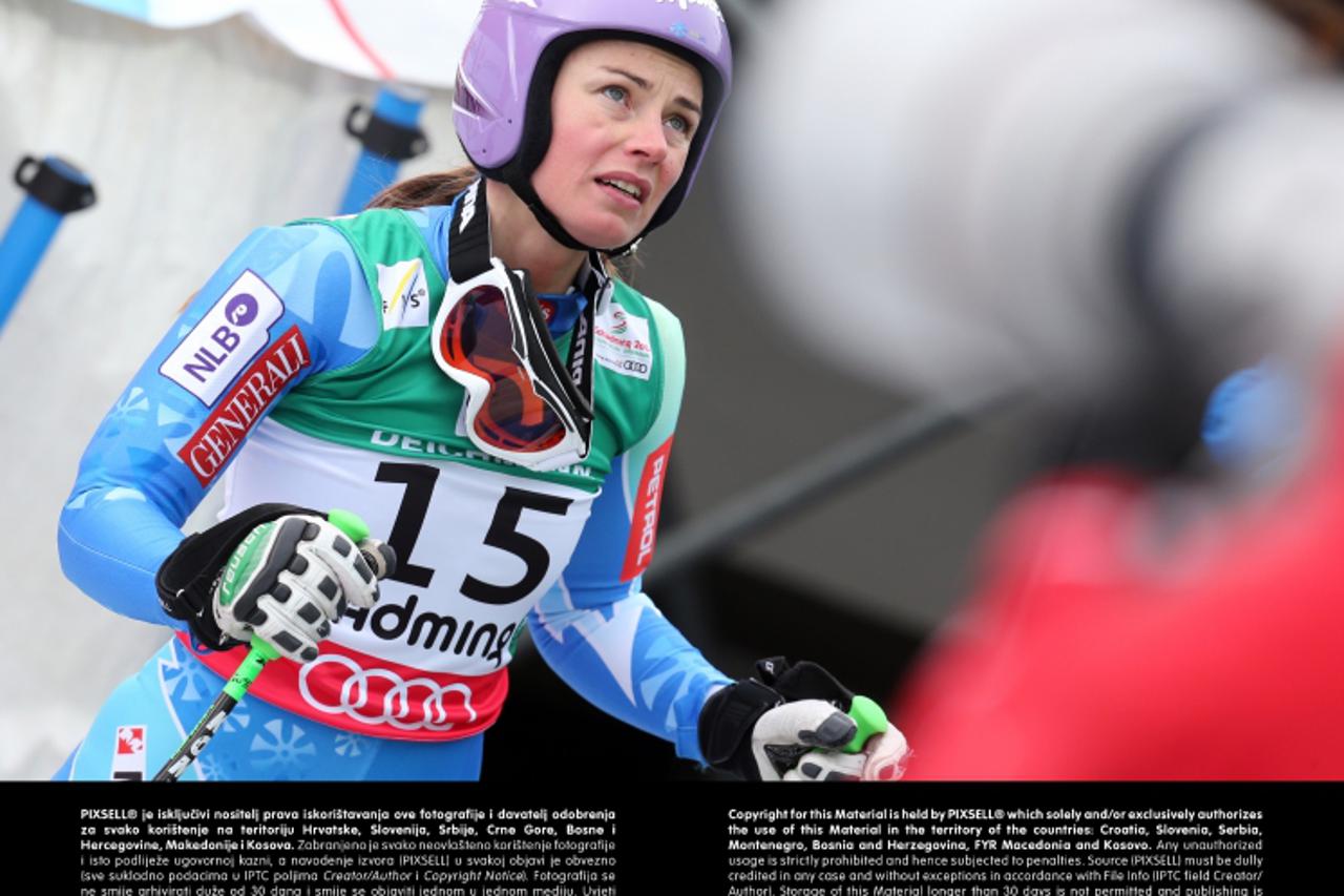 'Tina Maze of Slovenia reacts during the women\'s downhill training at the Alpine Skiing World Championships in Schladming, Austria, 06 February 2013. Photo: Karl-Josef Hildenbrand/dpa  +++(c) dpa - B