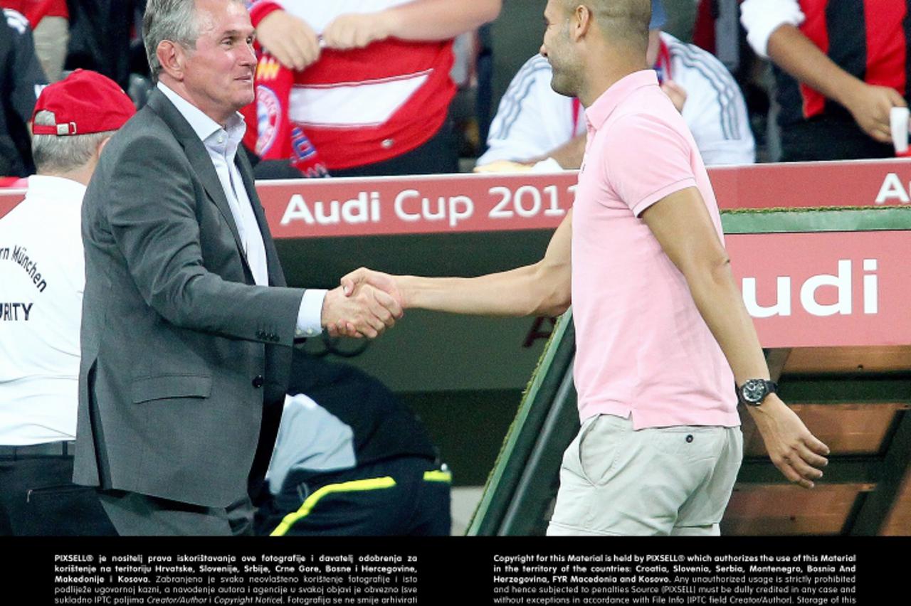 '27.07.2011, Allianz Arena, Muenchen, GER, Audi Cup 2011, Finale,  FC Barcelona vs FC Bayern , im Bild Jupp Heynckes (Trainer Bayern) und Josep Guardiola (Coach Barcelona)  // during the Audi Cup 2011