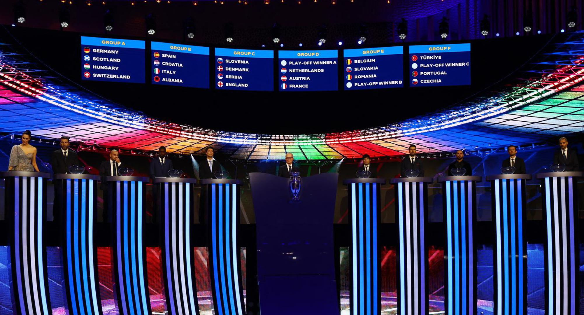 Soccer Football - UEFA Euro 2024 Final Draw - Elbphilharmonie Hamburg, Hamburg, Germany - December 2, 2023 General view of the groups during the draw REUTERS/Kai Pfaffenbach Photo: Kai Pfaffenbach/REUTERS