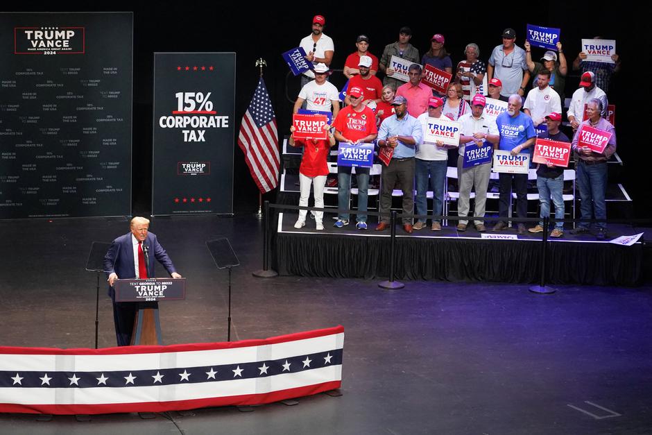 Former U.S. President Donald Trump holds a campaign event at the Johnny Mercer Theatre Civic Center in Savannah