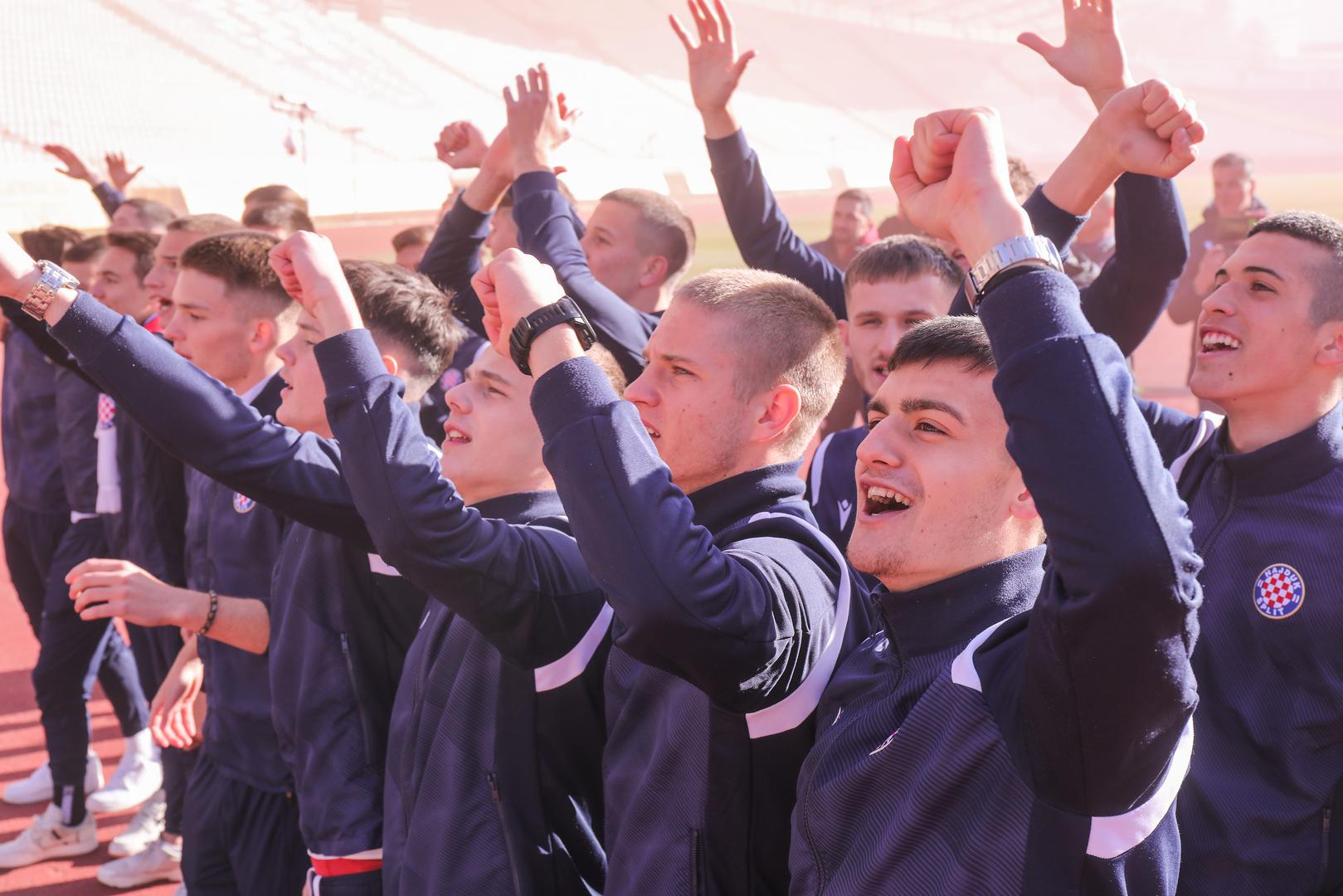 16.03.2023., Split -  Na Poljudu je organiziran docek juniorima HNK Hajduka koji su jucer pobijedili Borussiju Dortmund cime su se plasirali na zavrsni turnir juniorske Lige prvaka, medju cetiri najbolje juniorske momcadi u Europi. Photo: Ivo Cagalj/PIXSELL