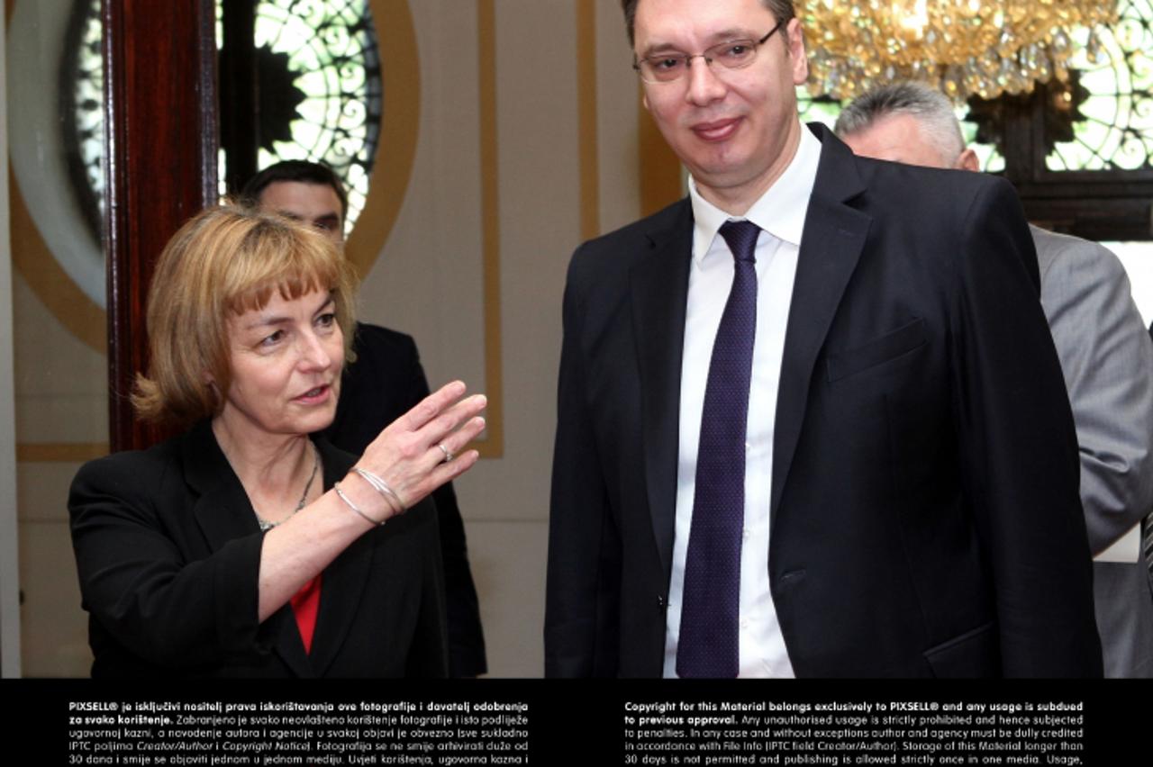 '29.04.2013., Zagreb - Prva potpredsjednica i ministrica vanjskih poslova Vlade RH Vesna Pusic sastala se danas u MVP s prvim potpredsjednikom i ministrom obrane Srbije Aleksandrom Vucicem.  Photo: Pa